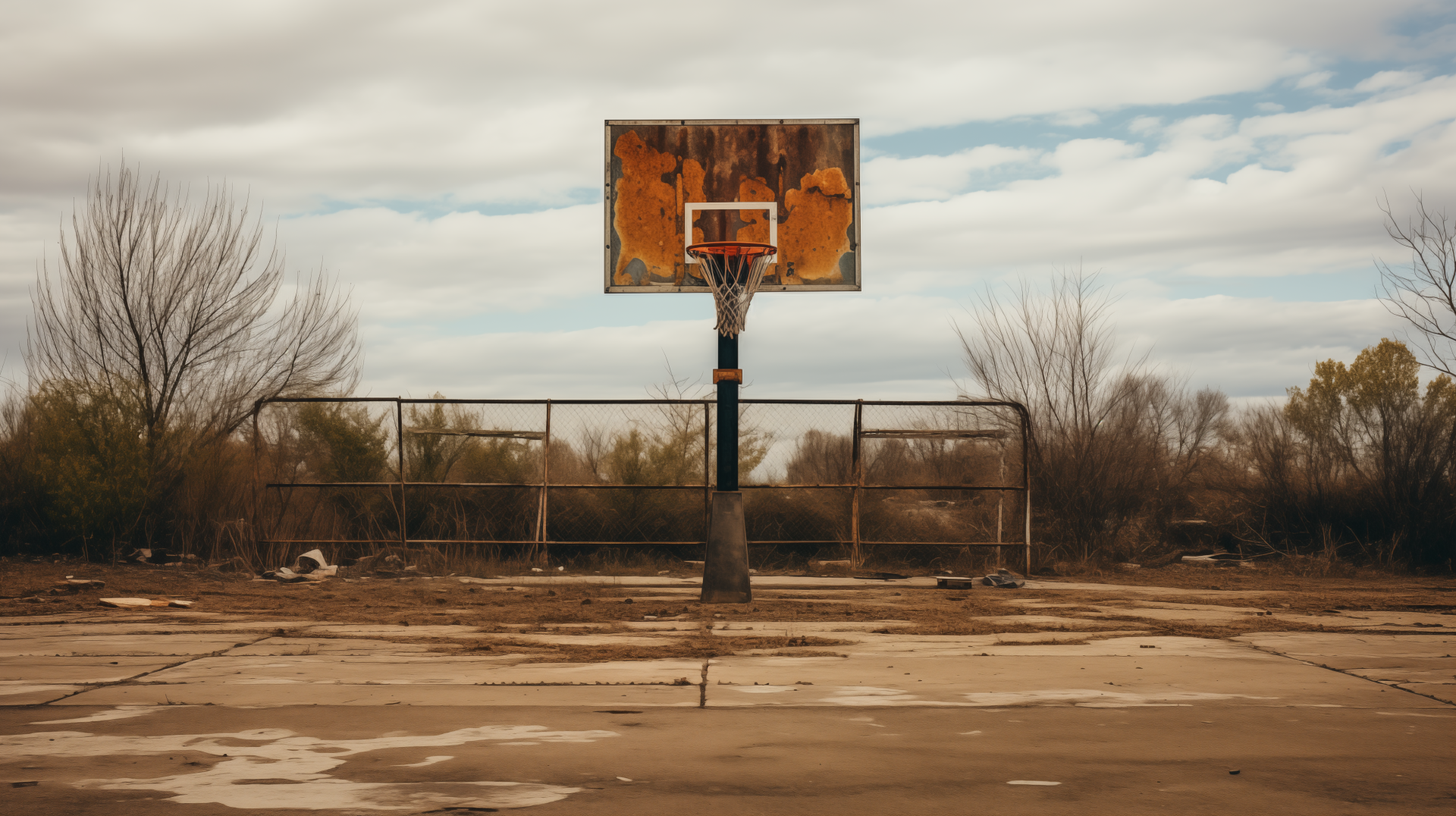 HD wallpaper featuring an abandoned basketball court with a weathered hoop and backboard set against a backdrop of bare trees and overcast sky.