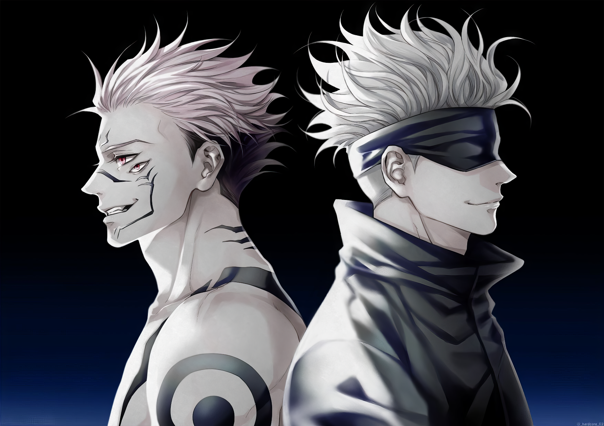 A dynamic HD wallpaper featuring Satoru Gojo and Sukuna from Jujutsu Kaisen, showcasing their striking contrasts and fierce expressions in an epic standoff.