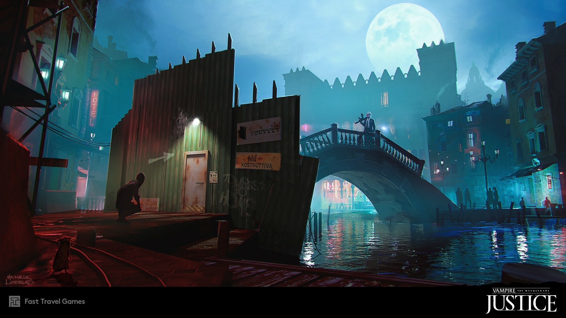 A moody HD wallpaper from Vampire: The Masquerade - Justice, featuring a shadowy figure by a waterway and an illuminated bridge under a full moon, evoking a haunting atmosphere.