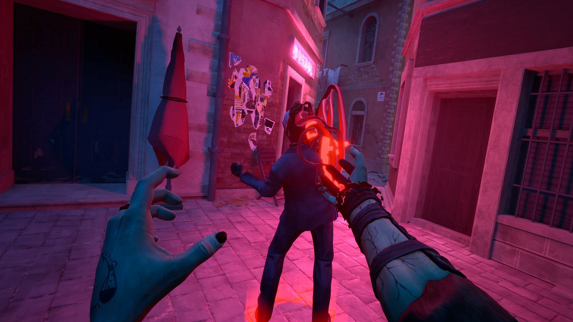 HD desktop wallpaper of Vampire: The Masquerade - Justice video game featuring a first-person view of a character casting a spell in a dimly lit alley.