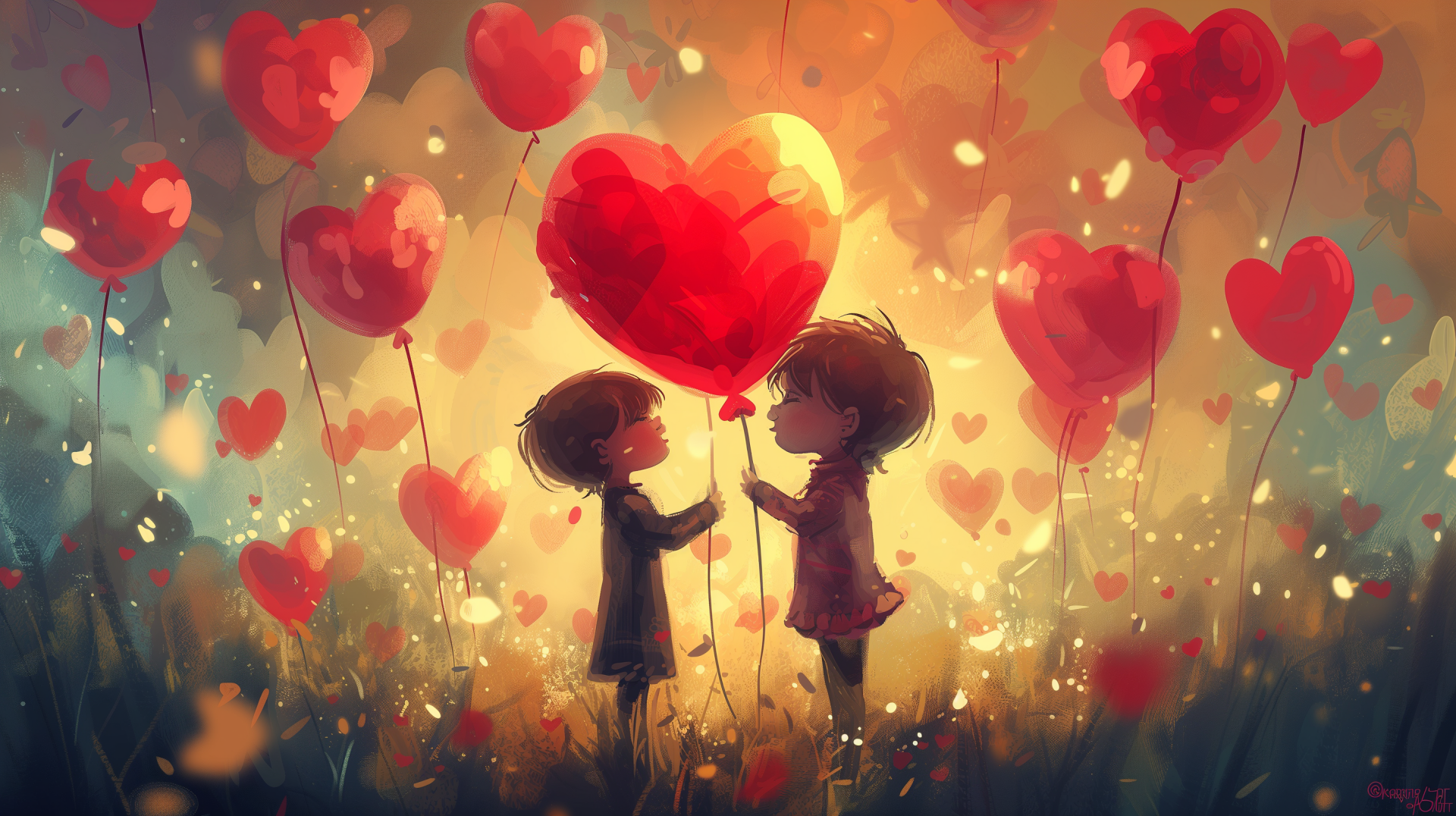 Valentine's Day HD wallpaper featuring an illustrated couple holding a heart-shaped balloon surrounded by magical red heart balloons and a warm glow.