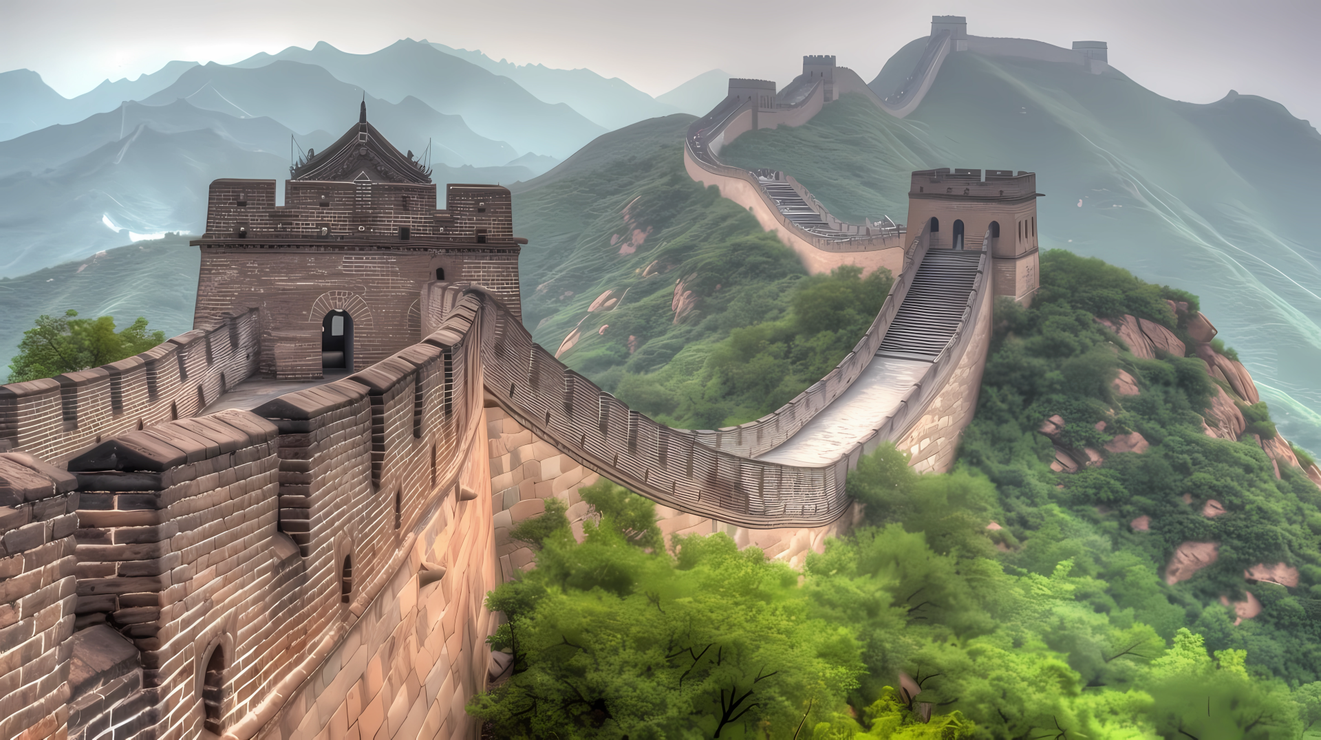 HD wallpaper featuring the Great Wall of China winding through lush greenery and mountainous nature.
