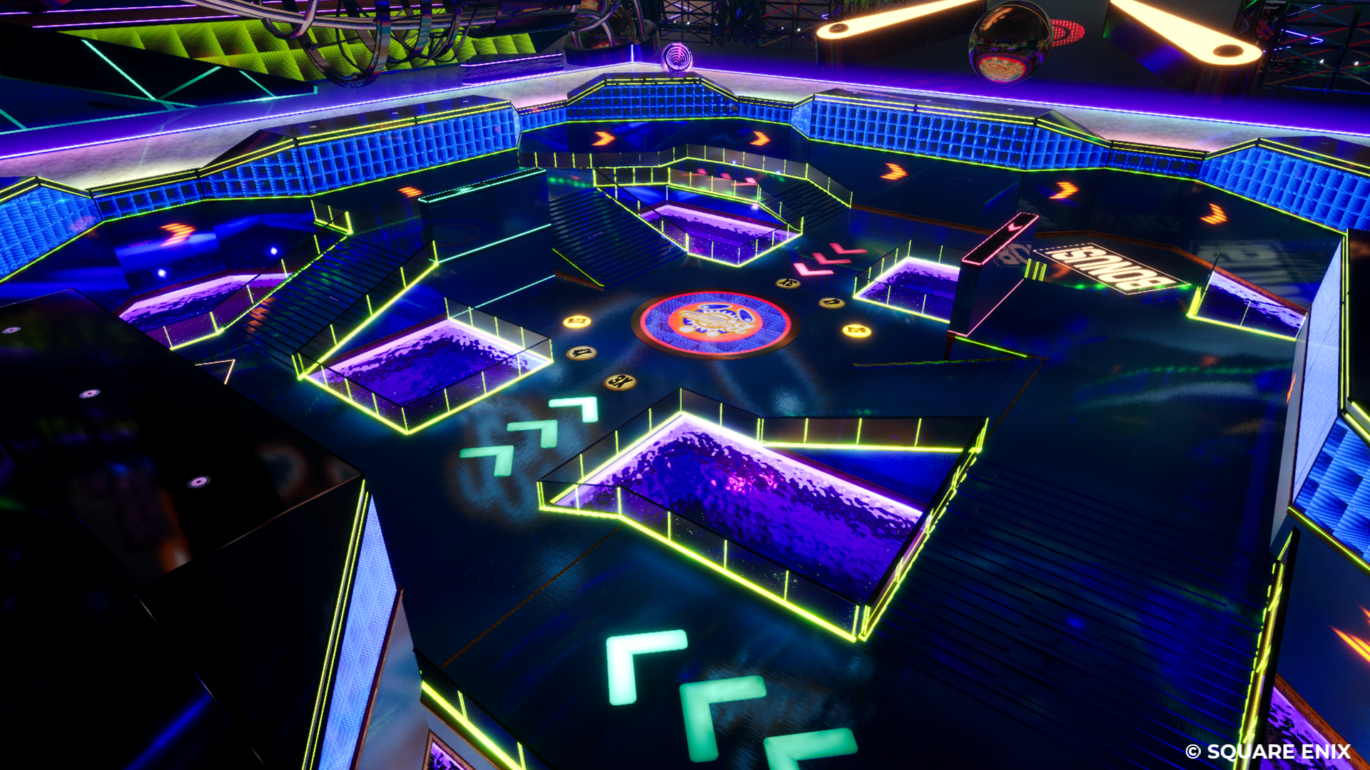 HD desktop wallpaper featuring the vibrant neon-lit arena from the video game Foamstars, with glowing outlines and futuristic design elements.