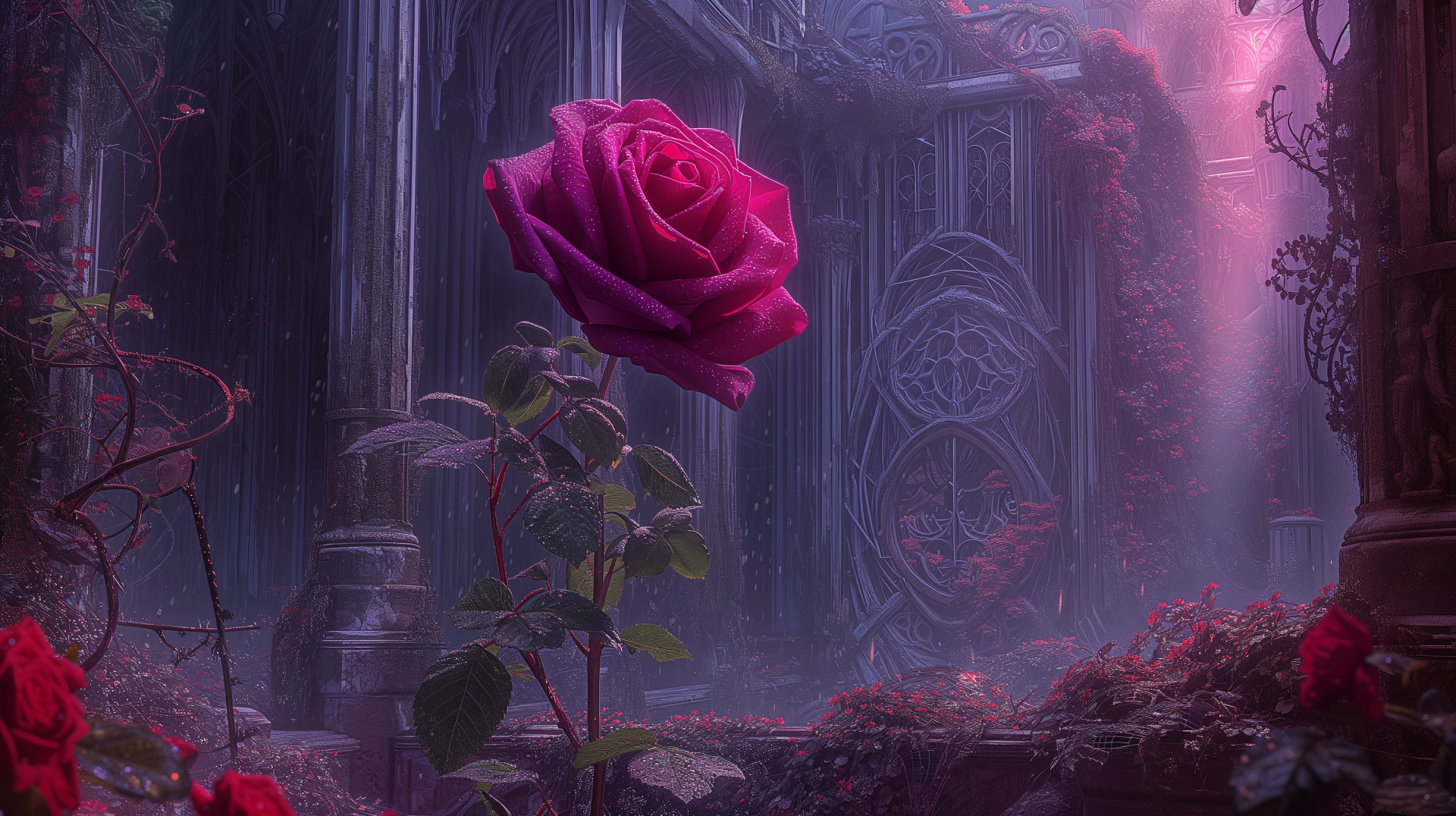 HD desktop wallpaper featuring a vivid red rose with an enchanted appearance set against a mystical nature backdrop.