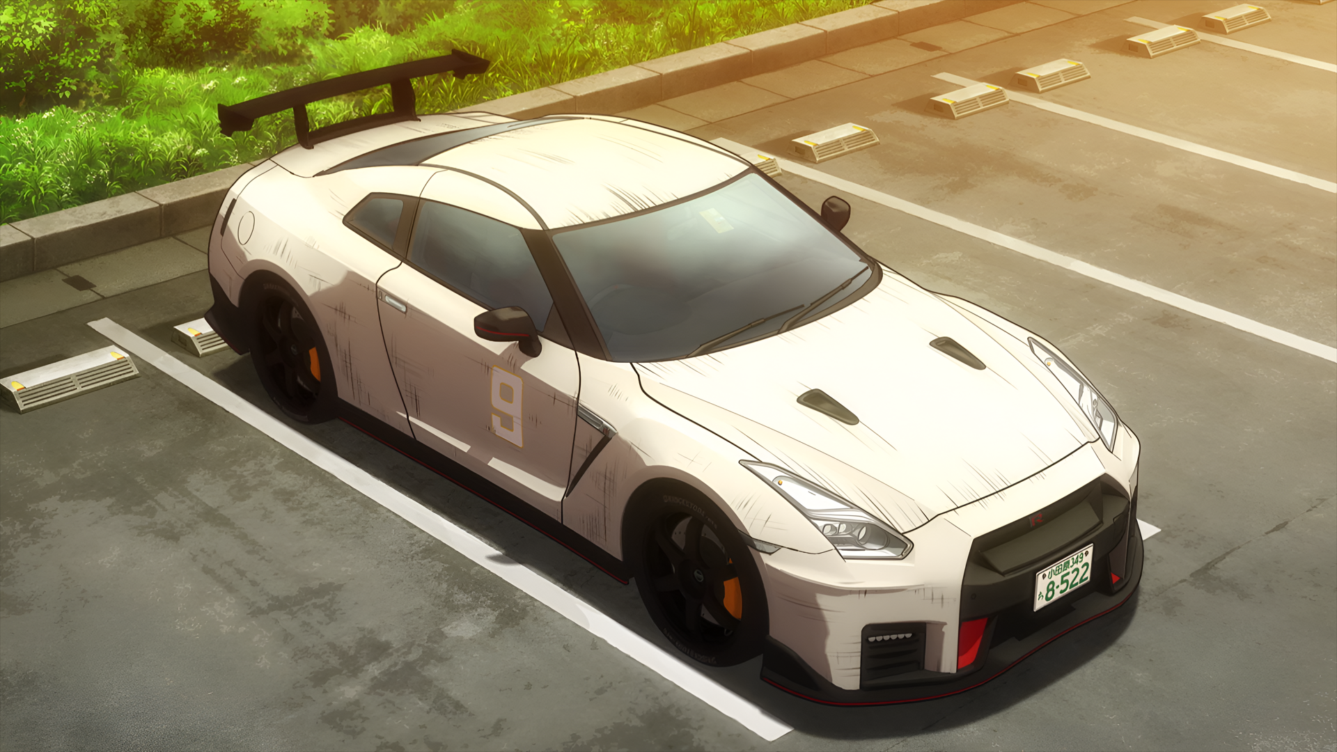 HD anime-style desktop wallpaper featuring a white Nissan GT-R Nismo from MF Ghost, showcasing JDM car culture in a detailed parking lot scene.