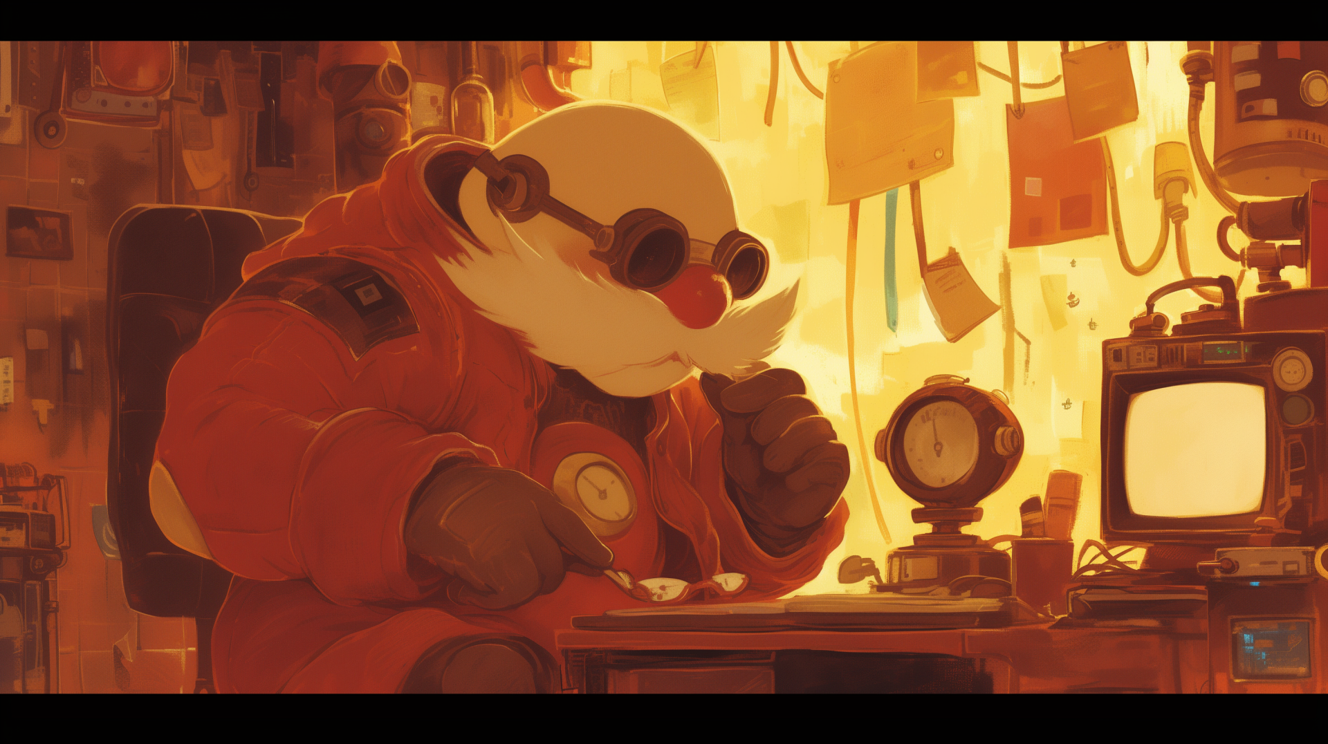 A vibrant HD desktop wallpaper featuring Dr. Robotnik, portrayed thoughtfully in a cluttered lab setting, enjoying a meal amidst his inventive surroundings.