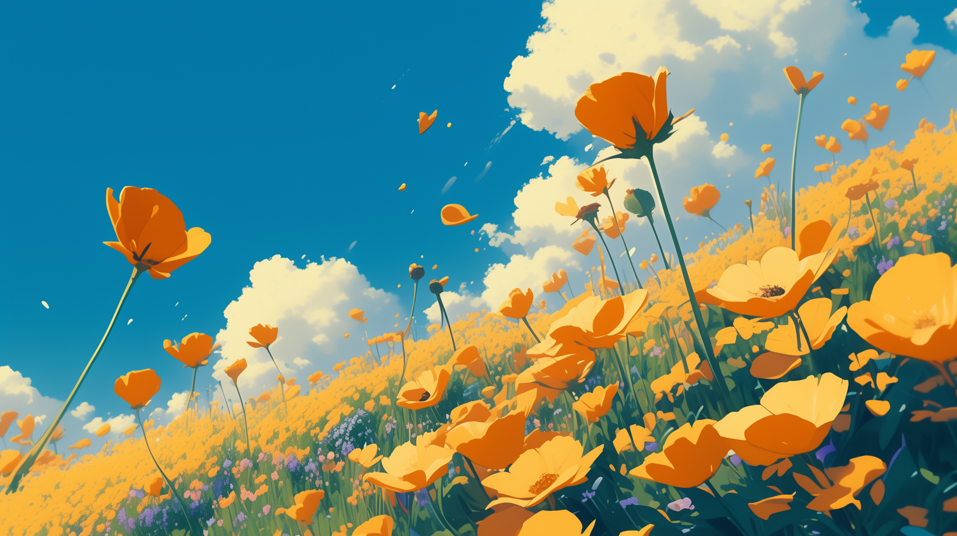 California poppies in bloom under a clear blue sky with fluffy clouds, HD nature desktop wallpaper.