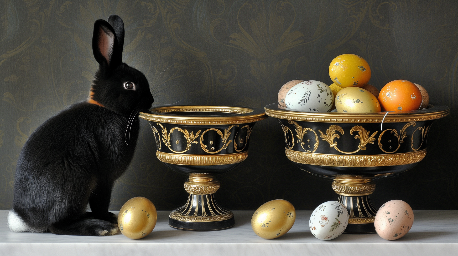 A black bunny beside ornate bowls filled with colorful Easter eggs, creating a charming Easter-themed desktop wallpaper and background.