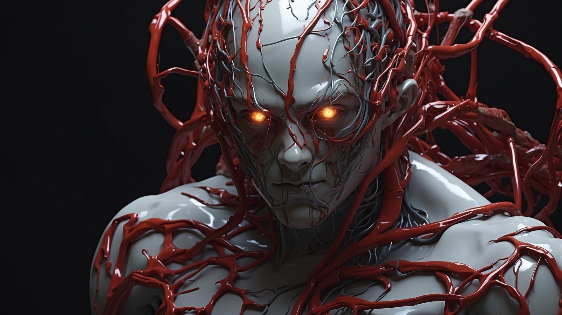 HD desktop wallpaper featuring a dark, scary devil-like creature with glowing eyes and red vein-like structures entwining its pale body, embodying a nightmare.