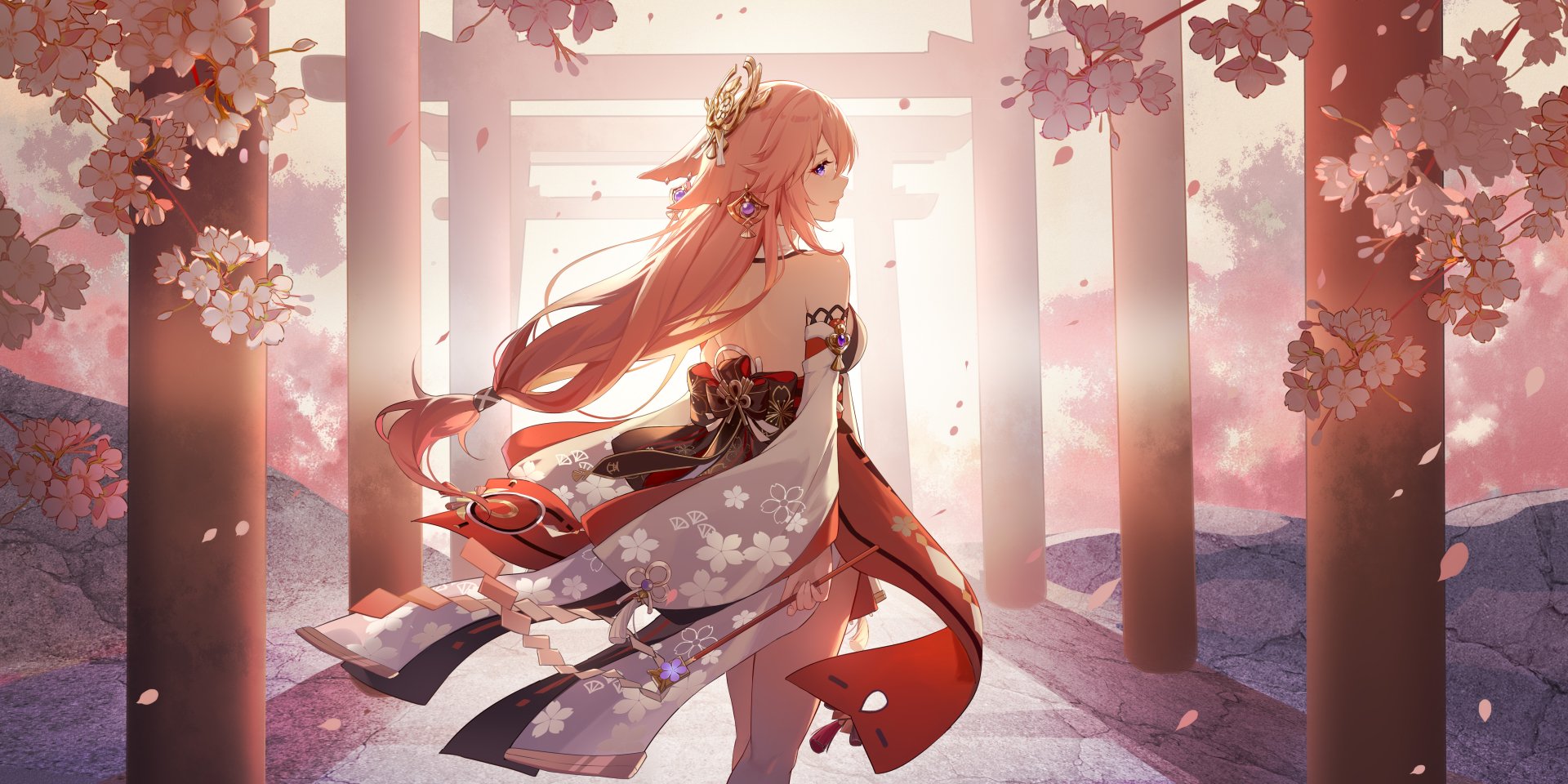Download Yae Miko Guuji (Genshin Impact) Genshin Impact Torii Pink 4k Ultra HD Wallpaper by MORI森