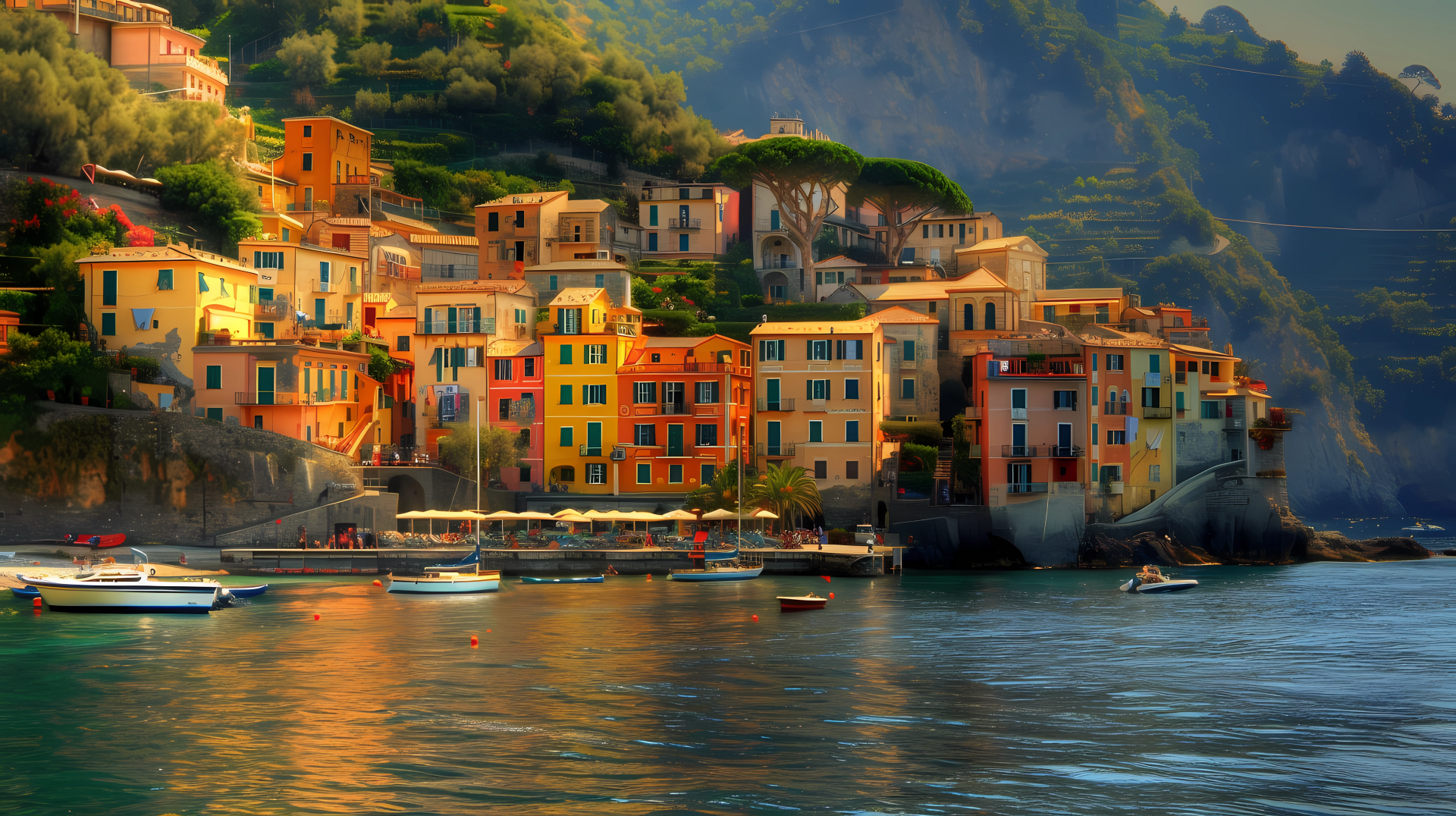 HD wallpaper of picturesque Italian coastal village with colorful houses and boats