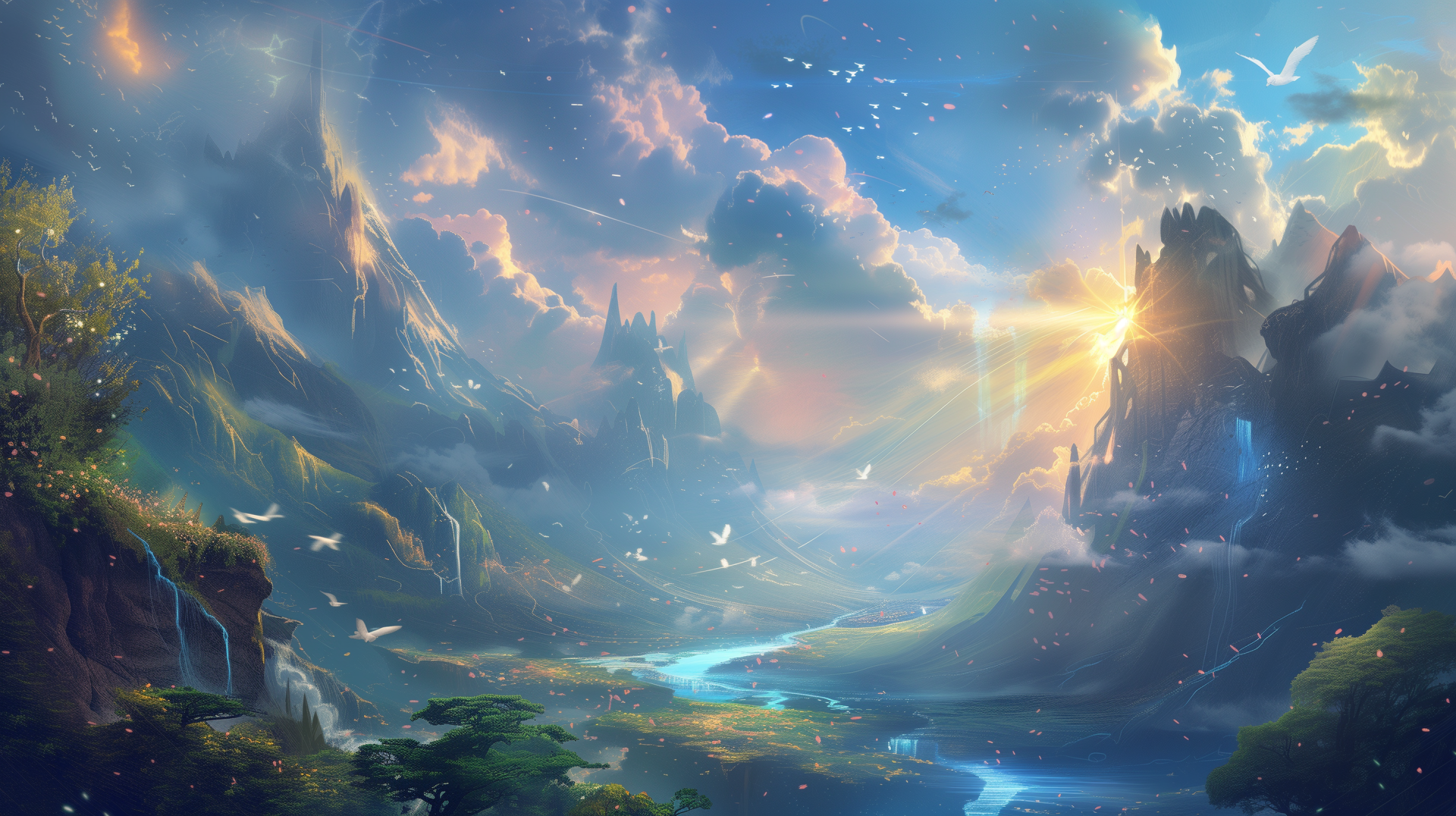 Fantasy HD wallpaper featuring a magical landscape with majestic mountains, ethereal sunlight casting a glow over lush valleys, waterfalls, and a shimmering river for desktop backgrounds.