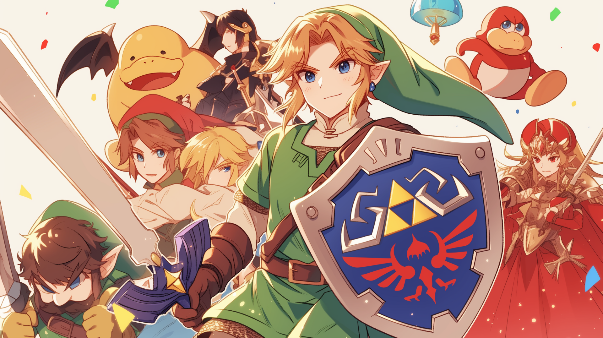 Colorful HD desktop wallpaper featuring Link from Super Smash Bros., surrounded by various iconic characters in a vibrant, action-packed scene.