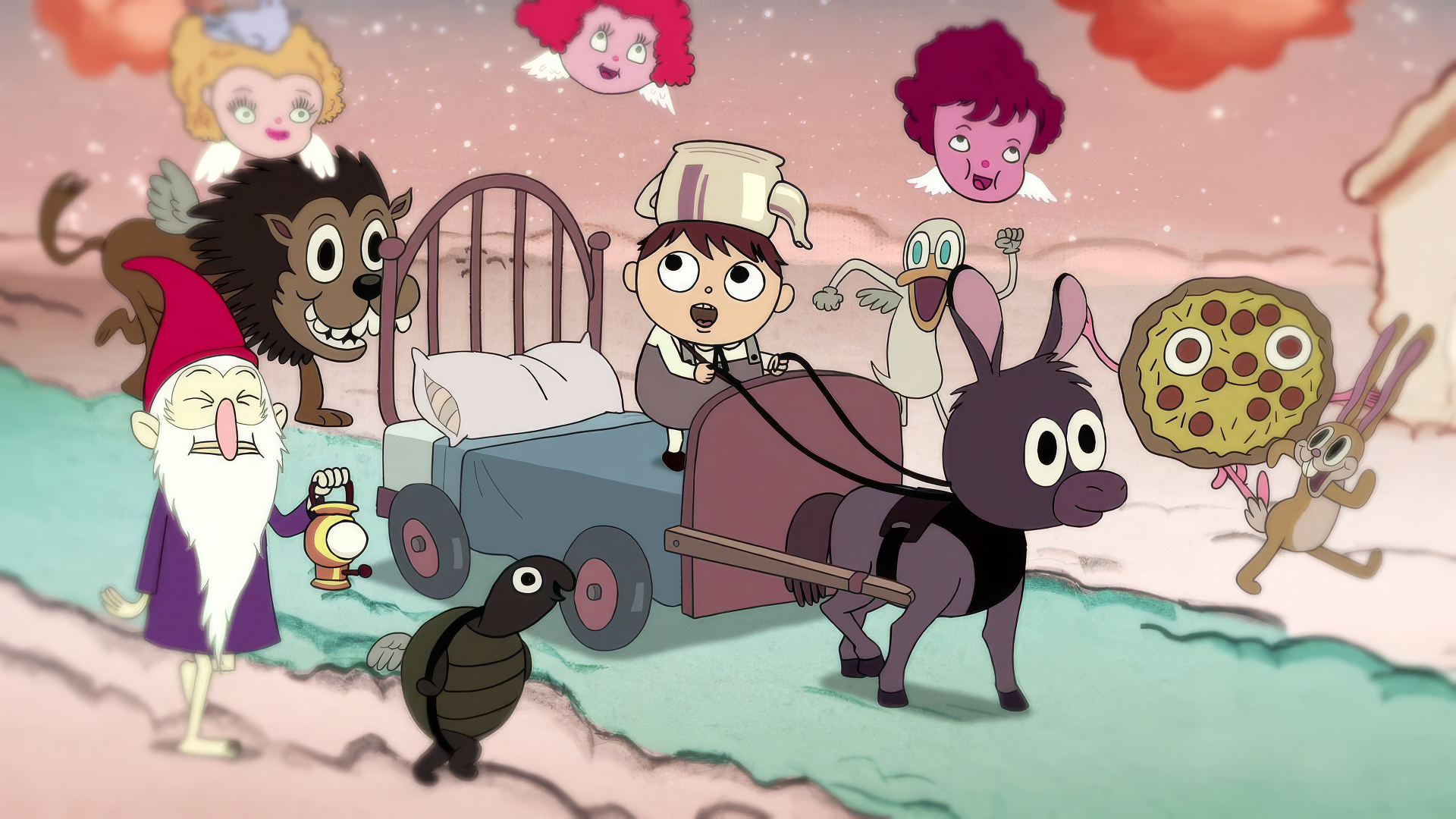 A whimsical scene from the TV show *Over the Garden Wall*, featuring a boy on a cart pulled by a donkey, surrounded by playful characters like a gnome, animal friends, and cheerful spirits.