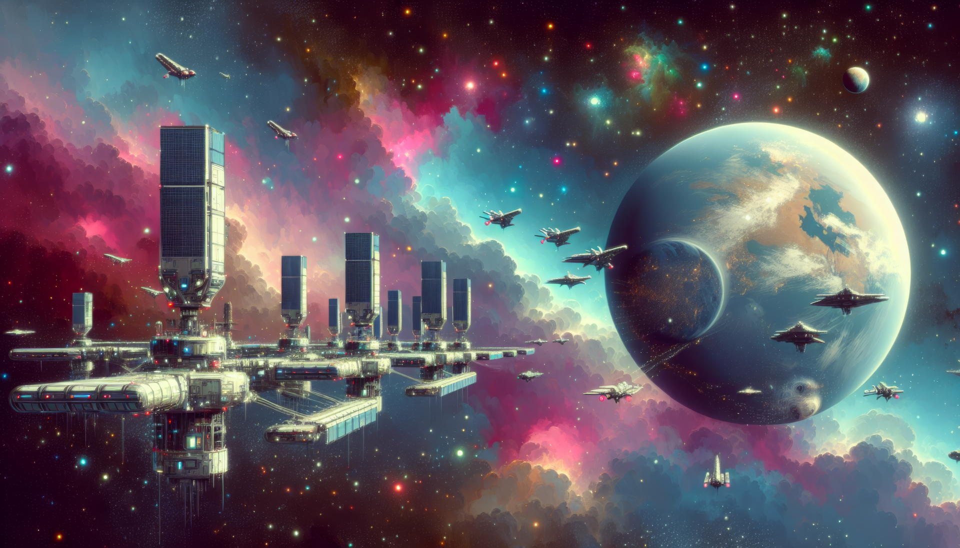 HD wallpaper depicting a futuristic space station with ships and planetary defense systems against a vivid cosmic backdrop with a large planet in the distance.