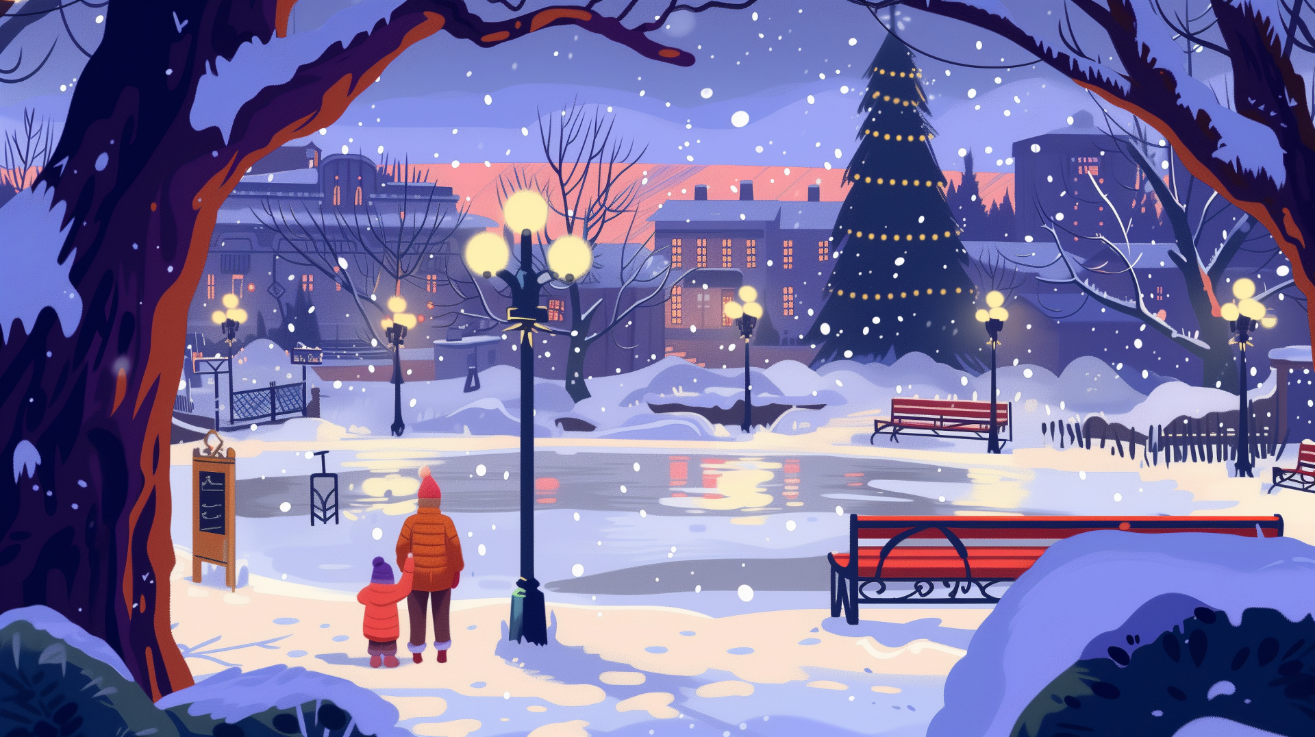 A snowy park scene captures winter beauty with a serene atmosphere. Snowflakes fall gently around a decorated tree, as a parent and child enjoy the picturesque backdrop in this HD wallpaper.