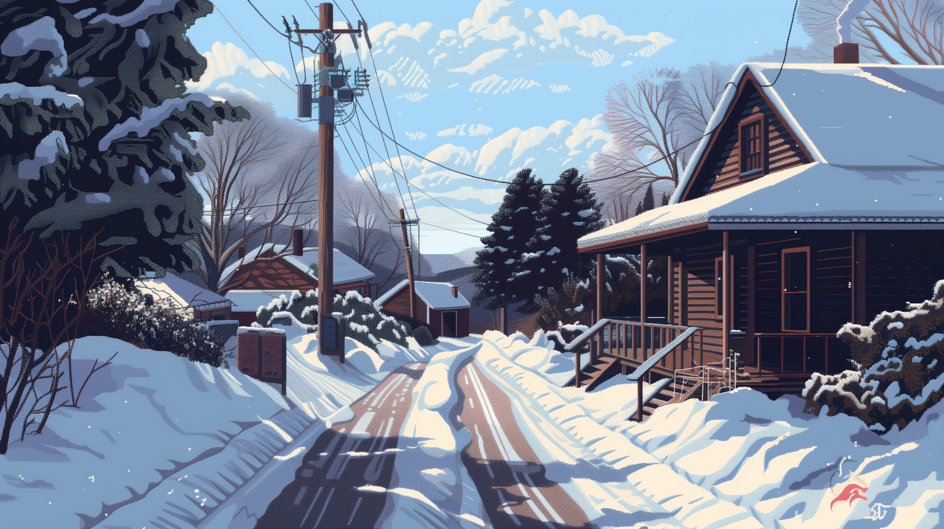 HD wallpaper of a snowy road in winter with snow-covered houses and trees under a blue sky.