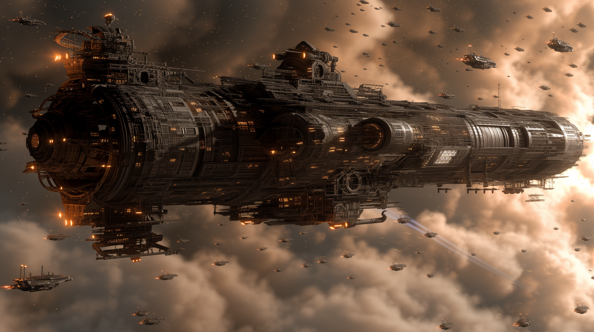 A towering sci-fi spaceship floats amidst swirling clouds, illuminated by glowing lights, creating an immersive HD desktop wallpaper and background.