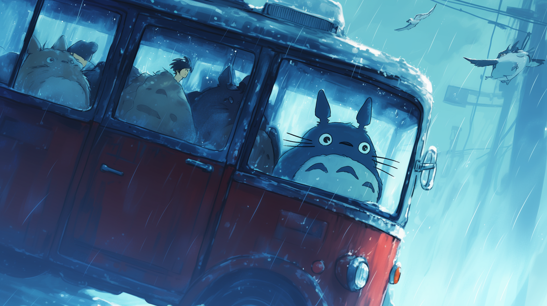 A charming HD wallpaper featuring Totoro from My Neighbor Totoro peering out from a red bus window on a snowy day, surrounded by fellow creatures.