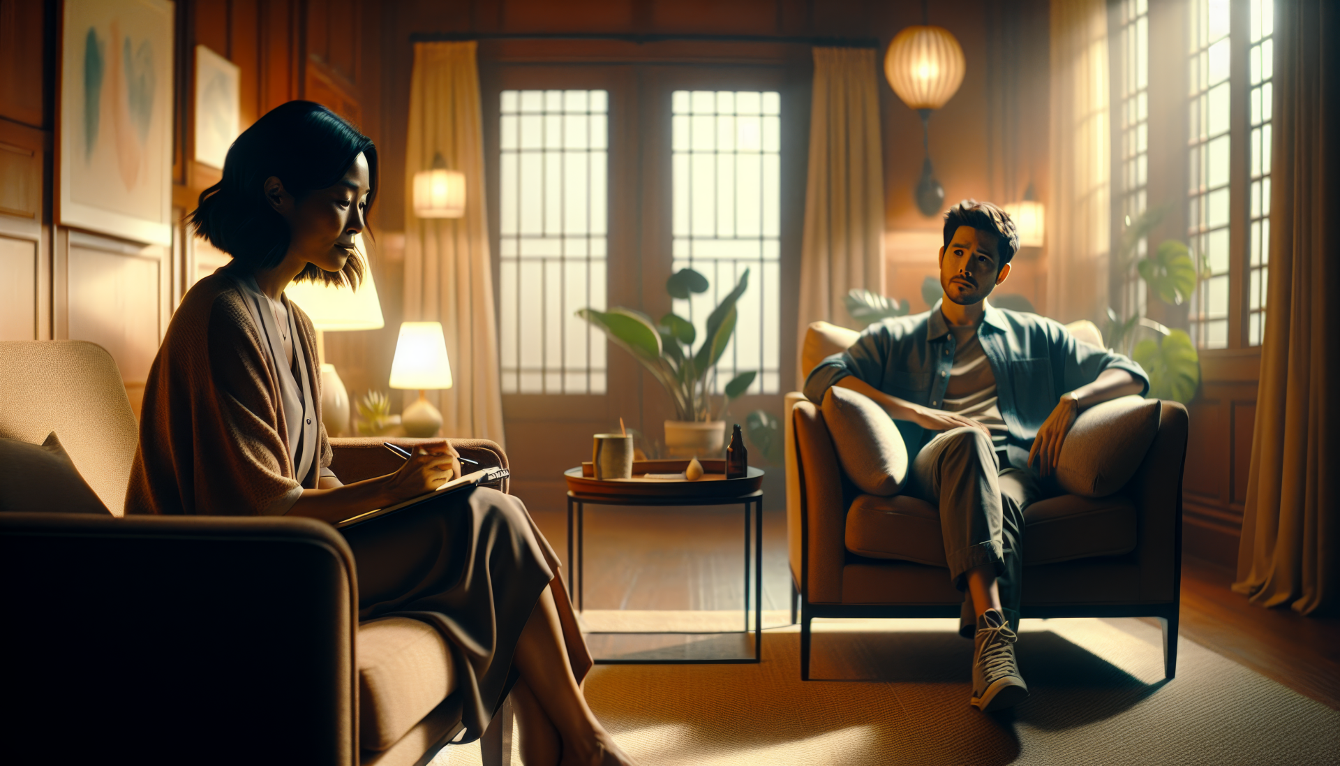 HD wallpaper of a therapy session with two individuals in a peaceful room with warm lighting, embodying a serene therapeutic atmosphere.