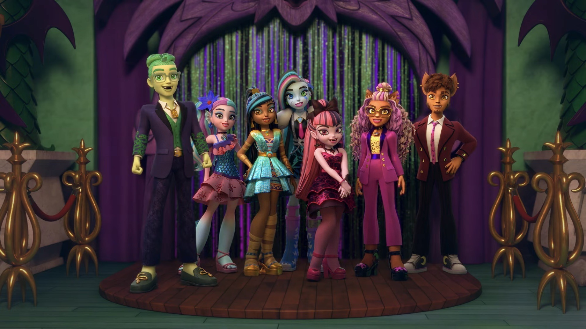 HD wallpaper featuring the main characters of Monster High animated series standing together in a spooky high school setting for desktop backgrounds.