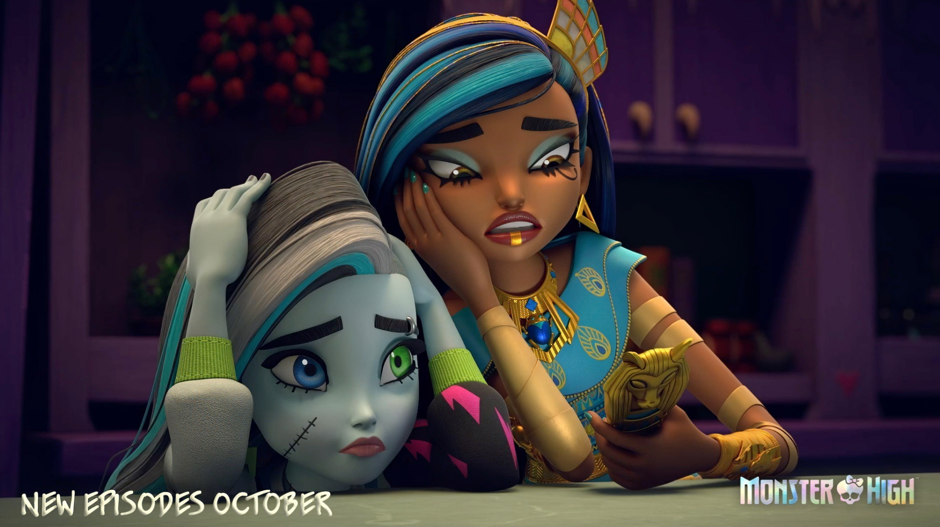 HD desktop wallpaper featuring two Monster High animated characters with a text overlay announcing new episodes in October.