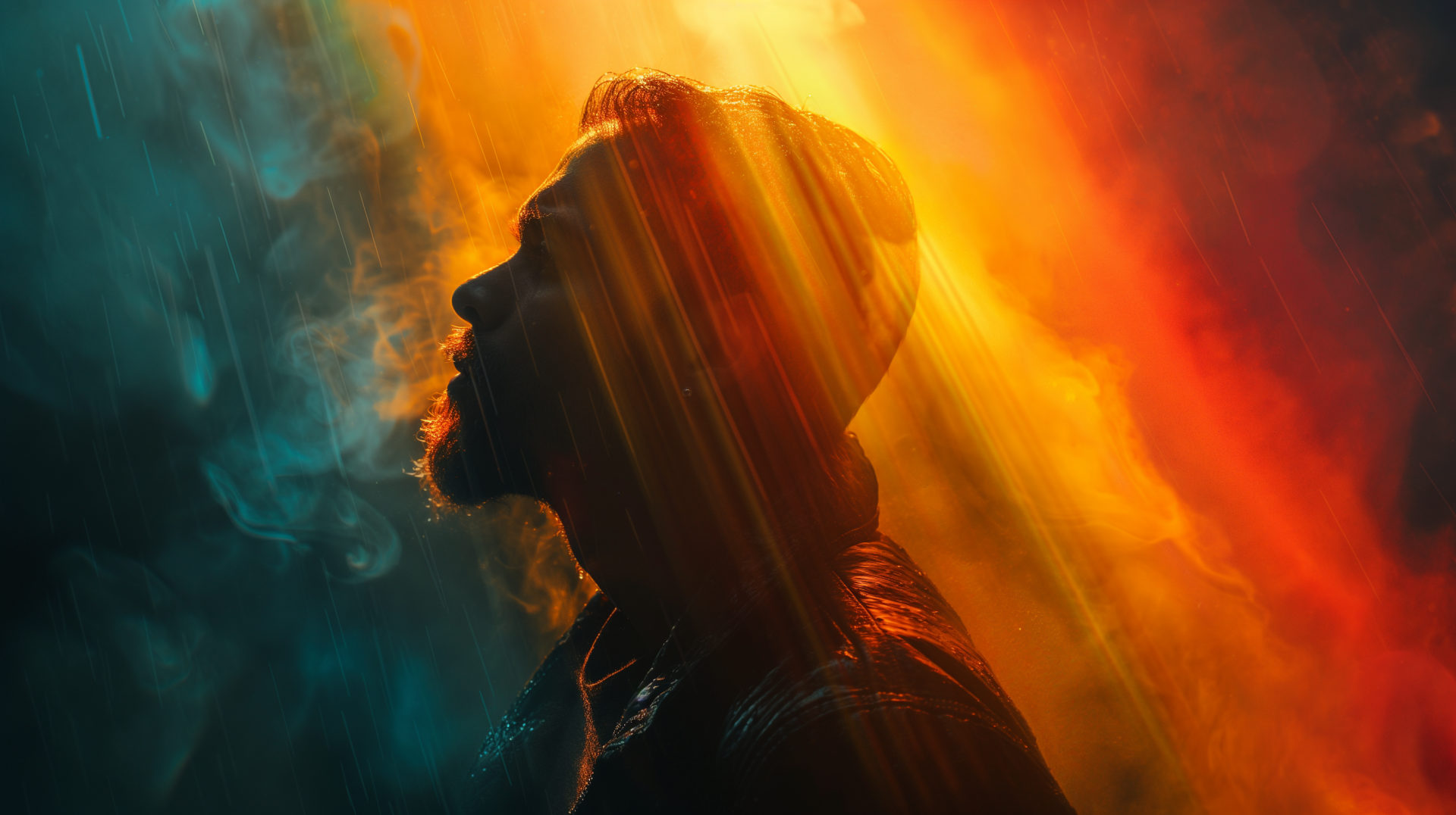 A man’s silhouette against a vibrant light spectrum, blending colors and textures, creates an engaging HD desktop wallpaper and background.