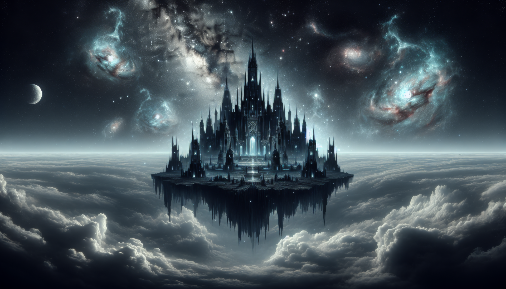 Majestic flying island with an intricate castle surrounded by clouds and galaxies, in HD wallpaper format for desktop backgrounds.