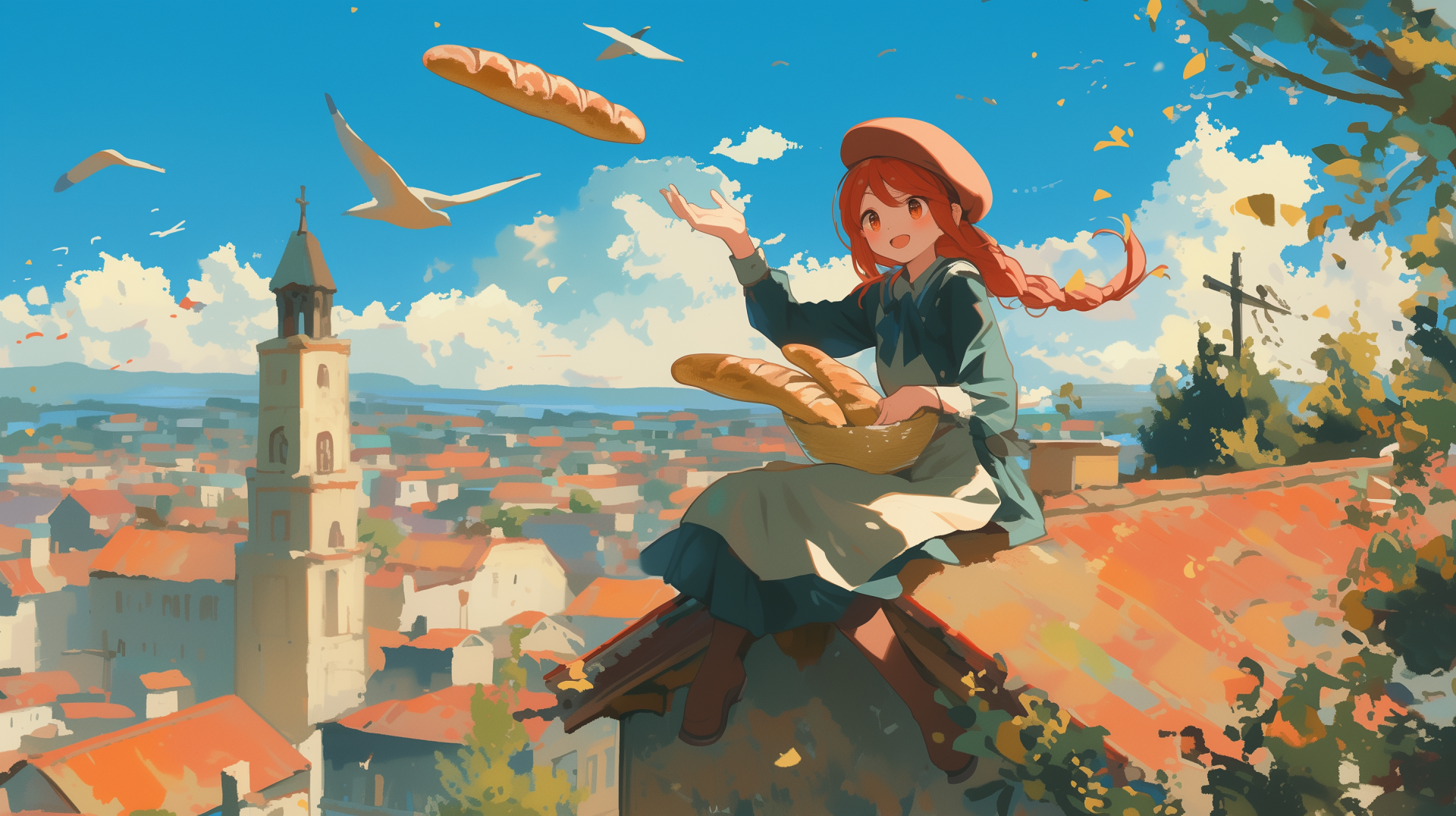 Animated girl with red hat sitting on a rooftop holding baguettes with a picturesque European town and flying birds in the background, HD desktop wallpaper.