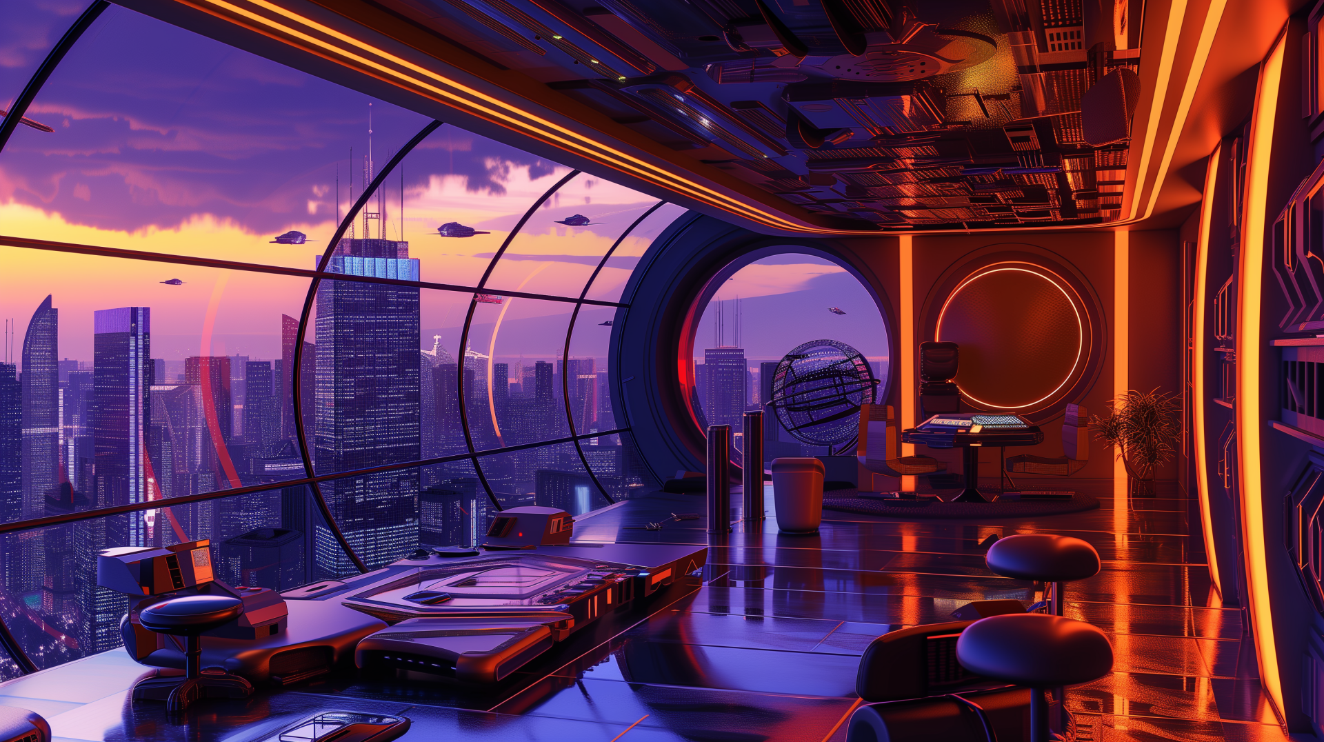 Futuristic sci-fi interior with panoramic city view at dusk, HD desktop wallpaper and background.