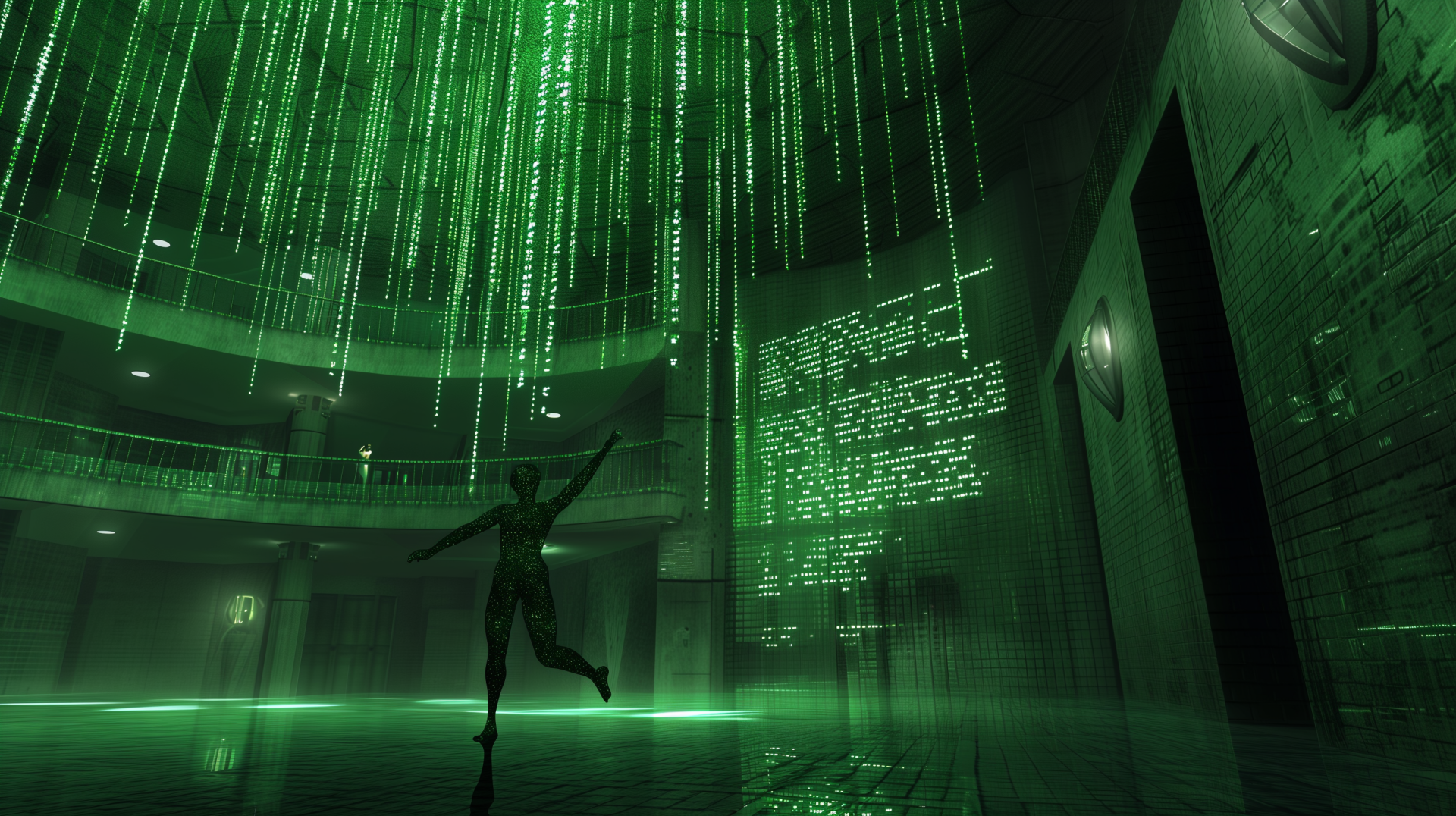 HD desktop wallpaper featuring a virtual reality theme with a figure in a digitized matrix-like environment with green code cascading down.