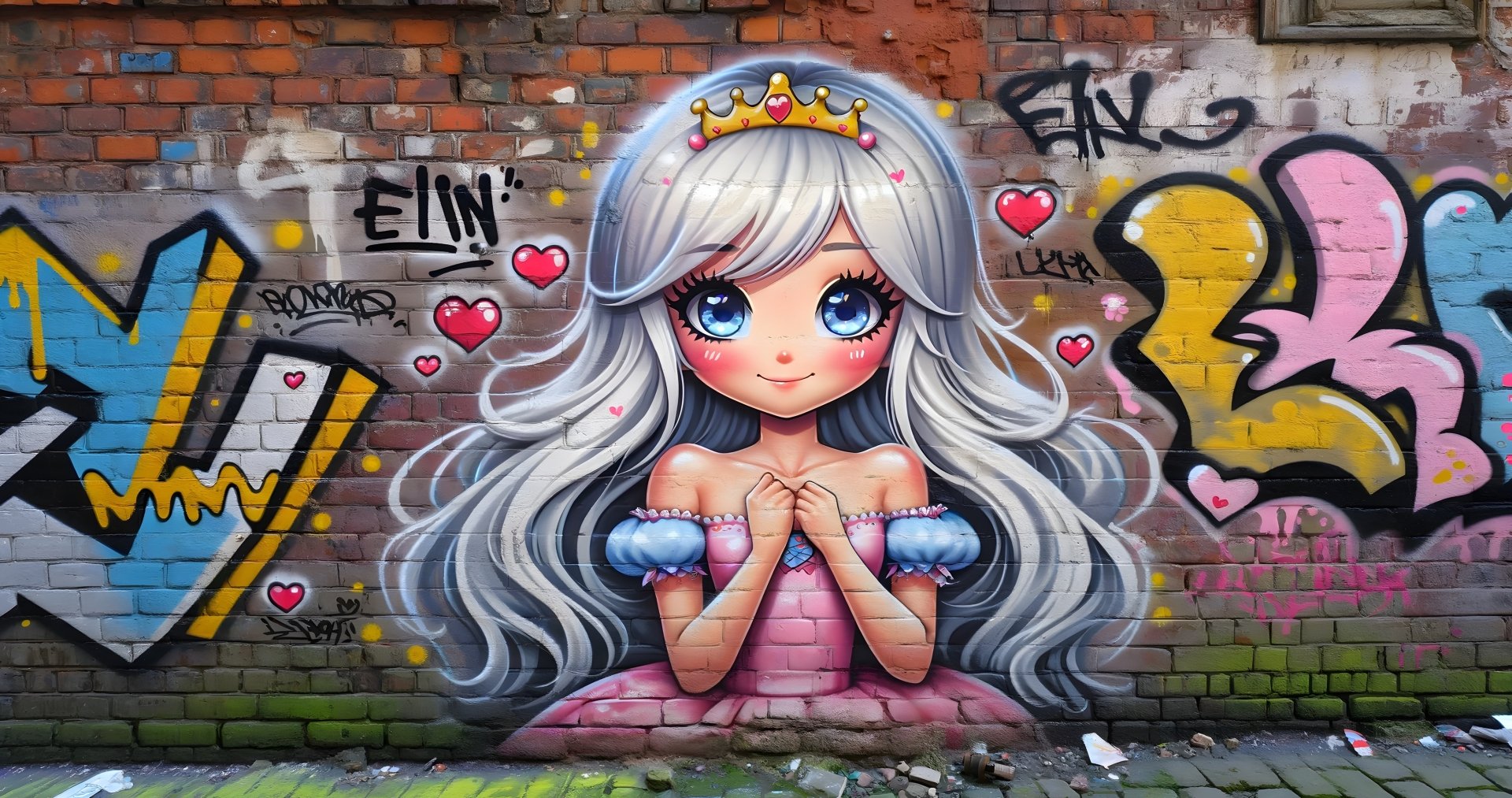 Colorful 4K Ultra HD wallpaper featuring a cute girl with platinum blonde hair, big blue eyes, and a crown, set against a graffiti-covered brick wall.