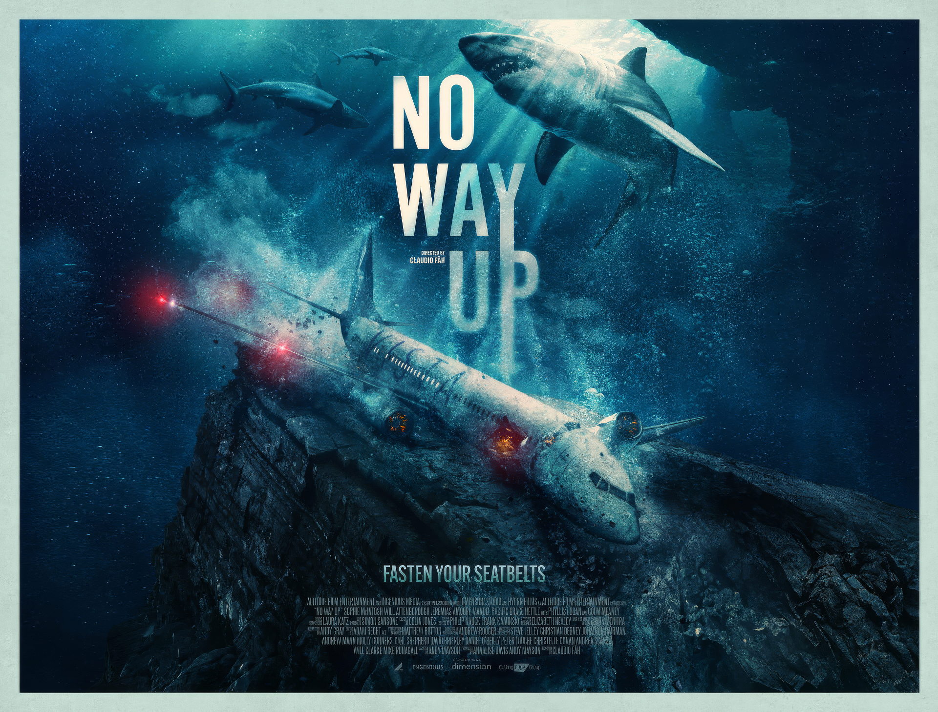 HD desktop wallpaper featuring 'No Way Up' movie with a dramatic underwater scene, showcasing a plane wreckage and sharks circling around.