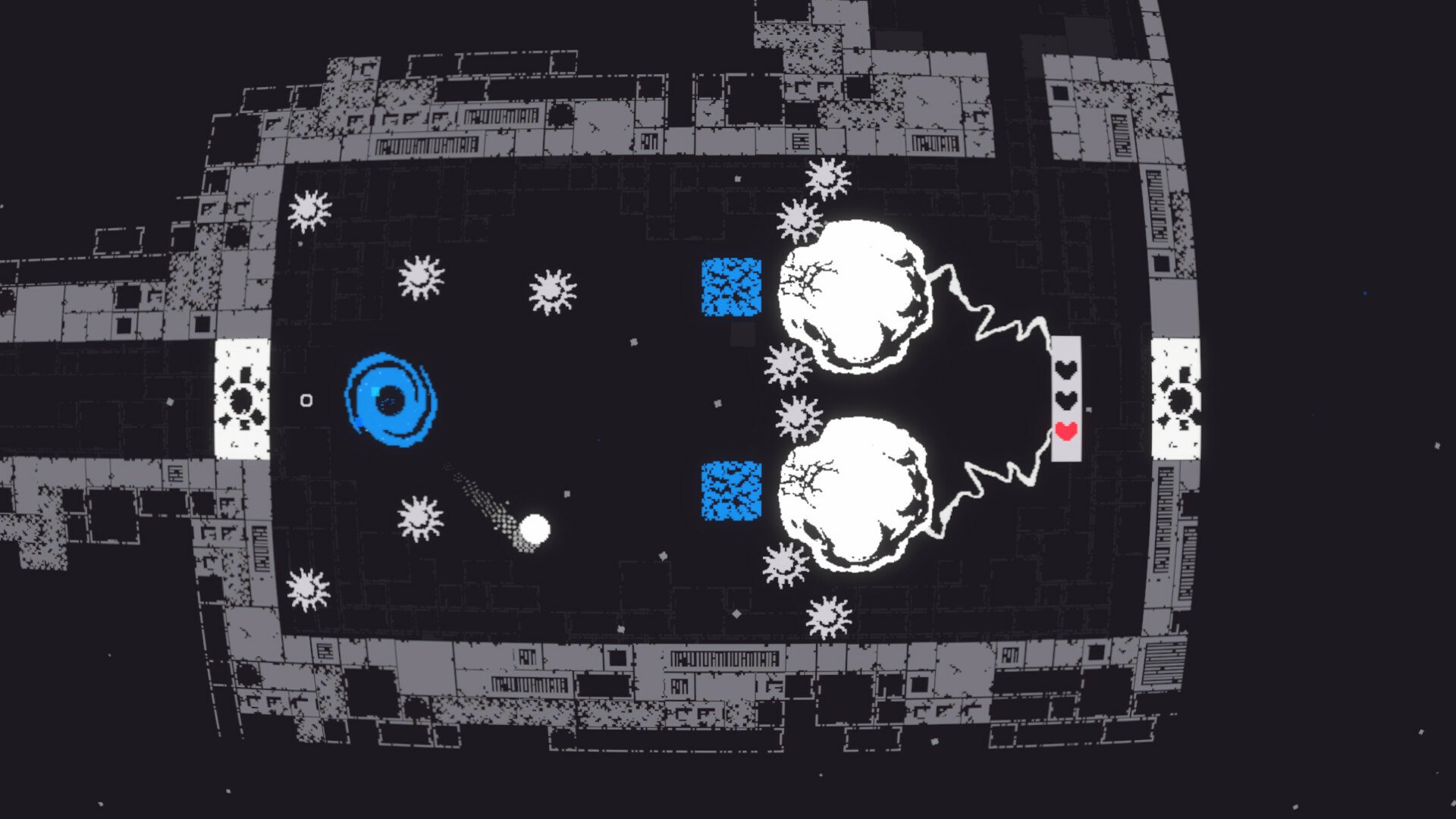 An HD desktop wallpaper featuring gameplay from the video game qomp2, showcasing an abstract scene with unique shapes and vibrant colors against a dark background.