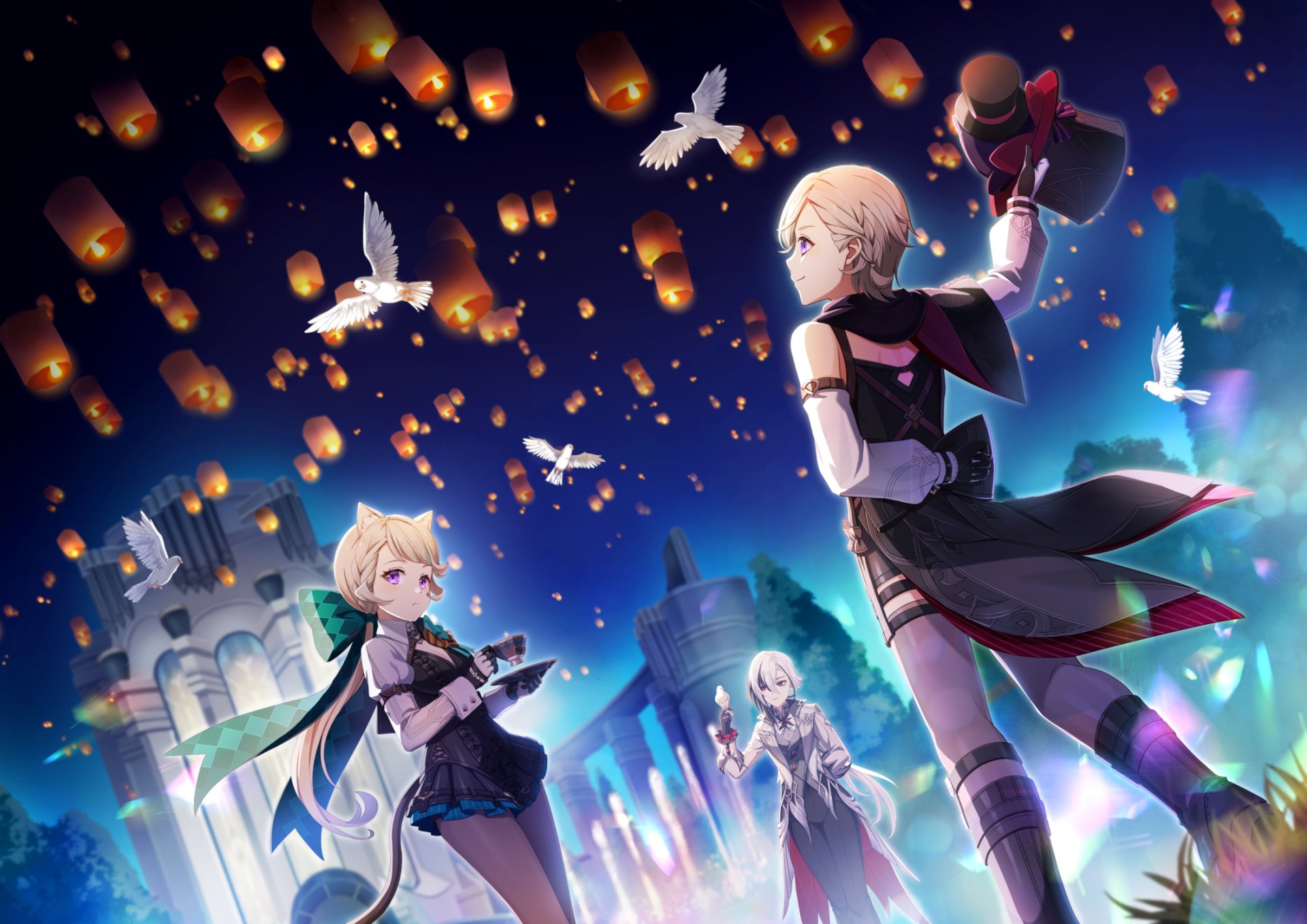 HD PC desktop wallpaper featuring Lynette, Lyney, and Arlecchino from Genshin Impact amidst glowing lanterns and flying doves in a vibrant night sky.