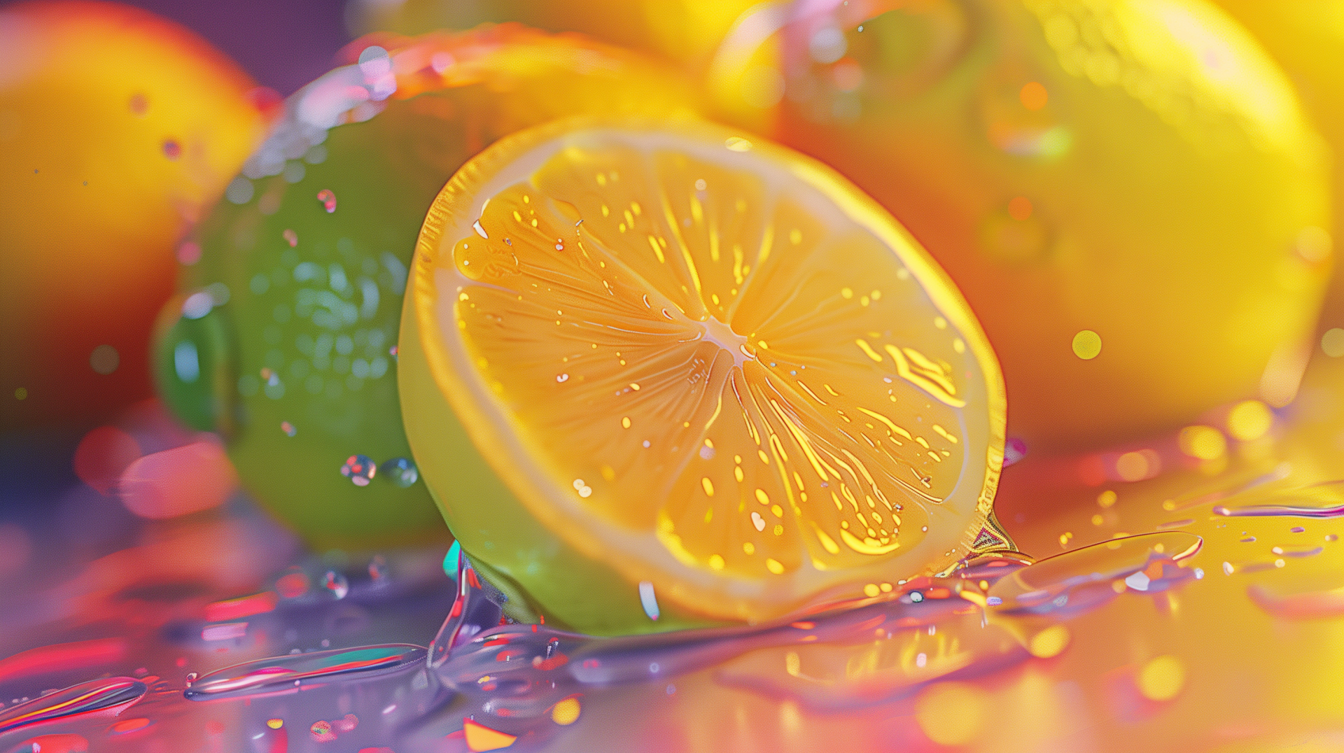HD desktop wallpaper of a vibrant sliced lemon with water droplets, set against a colorful background.