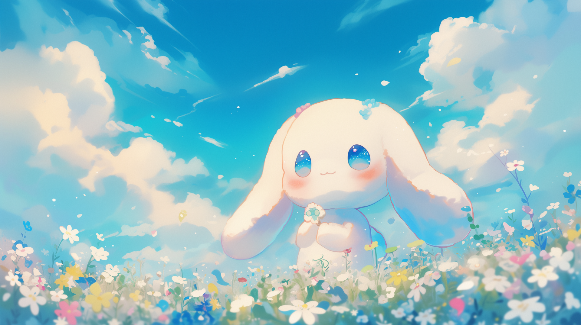 A cute anime wallpaper featuring Cinnamoroll standing in a vibrant field of flowers under a bright blue sky, surrounded by fluffy clouds, exuding charm and whimsy.