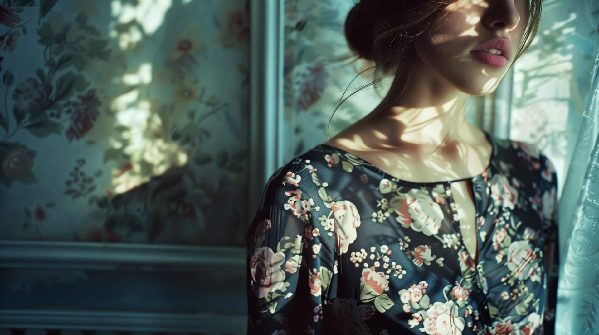 Woman in a floral dress with artistic shadows in a HD desktop wallpaper.