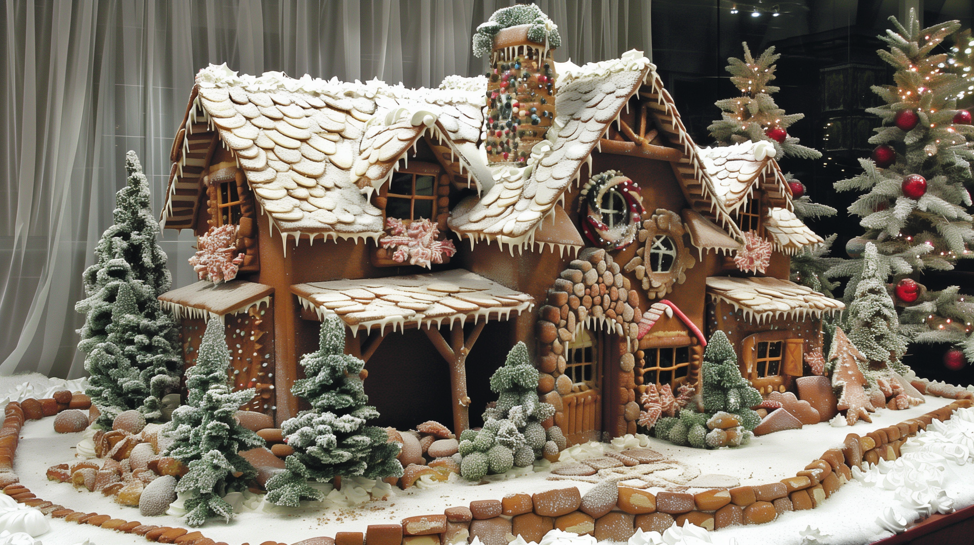 Elaborate gingerbread house with snow-like icing as a desktop wallpaper, featuring festive decorations and surrounded by miniature Christmas trees.
