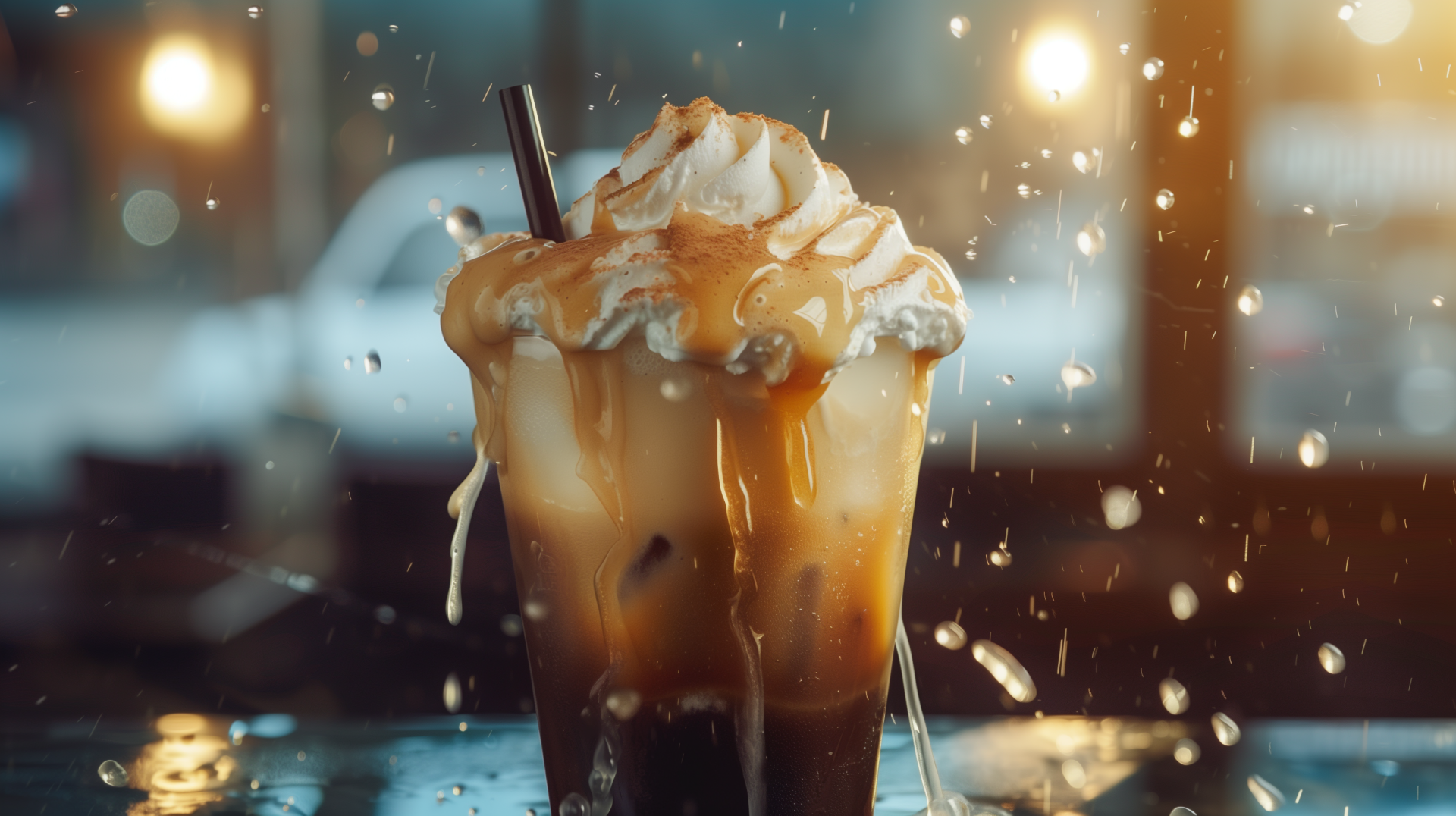 A delicious root beer float topped with creamy ice cream and whipped cream, with drizzles of caramel, set against a backdrop of refreshing splashes, creates a vibrant dessert scene.