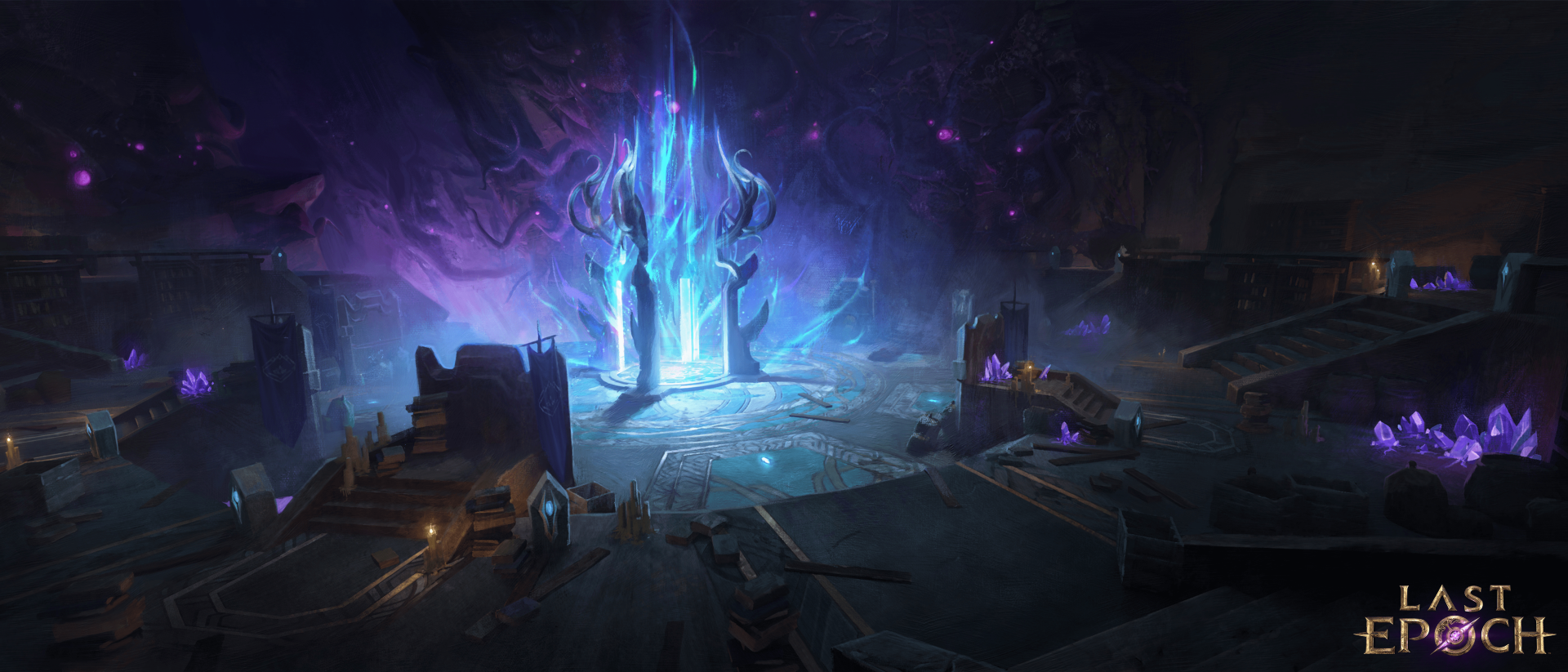 HD wallpaper of mystical blue energy source in the Last Epoch video game with ancient ruins background.