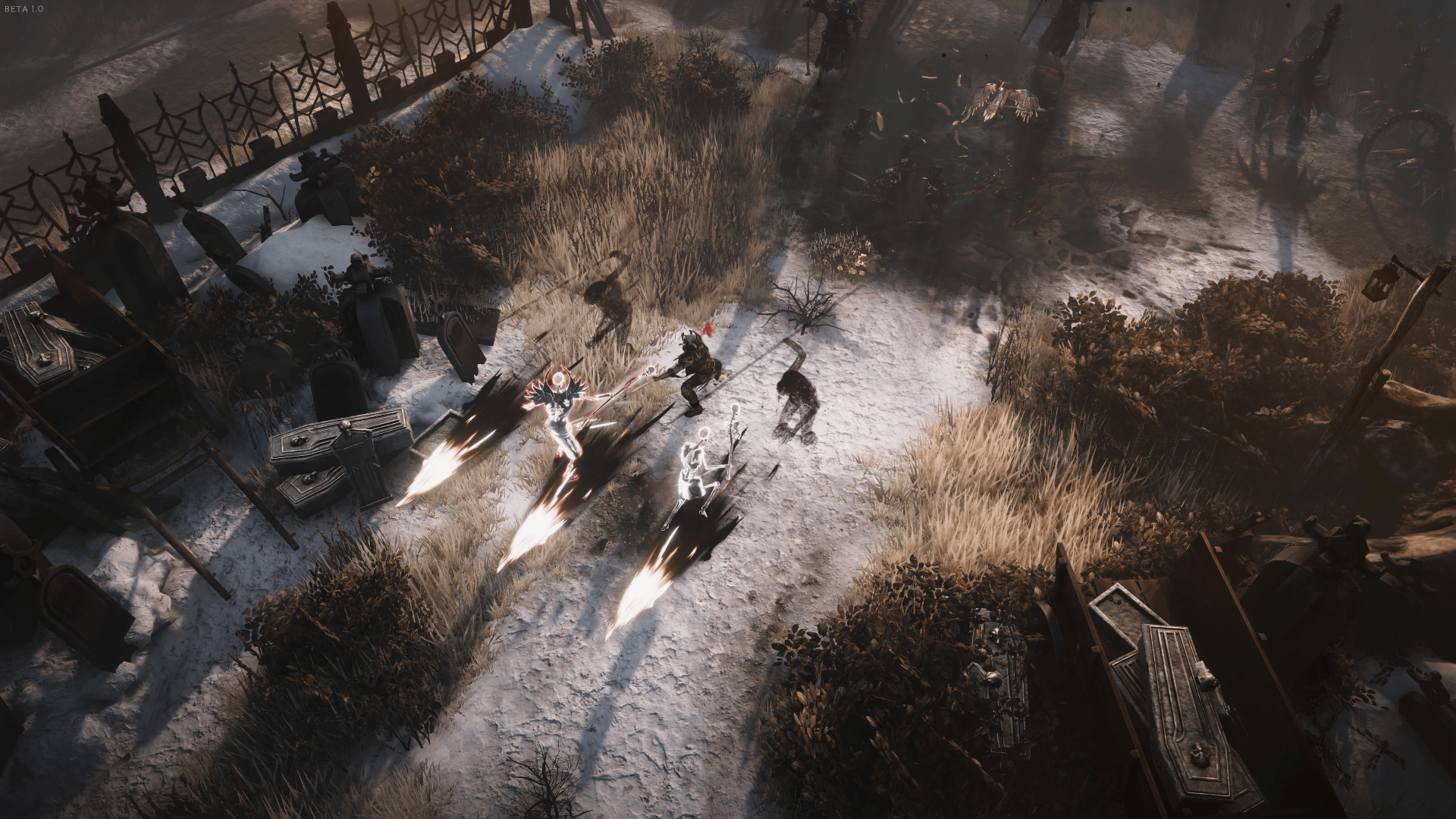 HD desktop wallpaper featuring a dynamic battle scene from the video game Last Epoch, showcasing characters in combat amidst a winter setting.