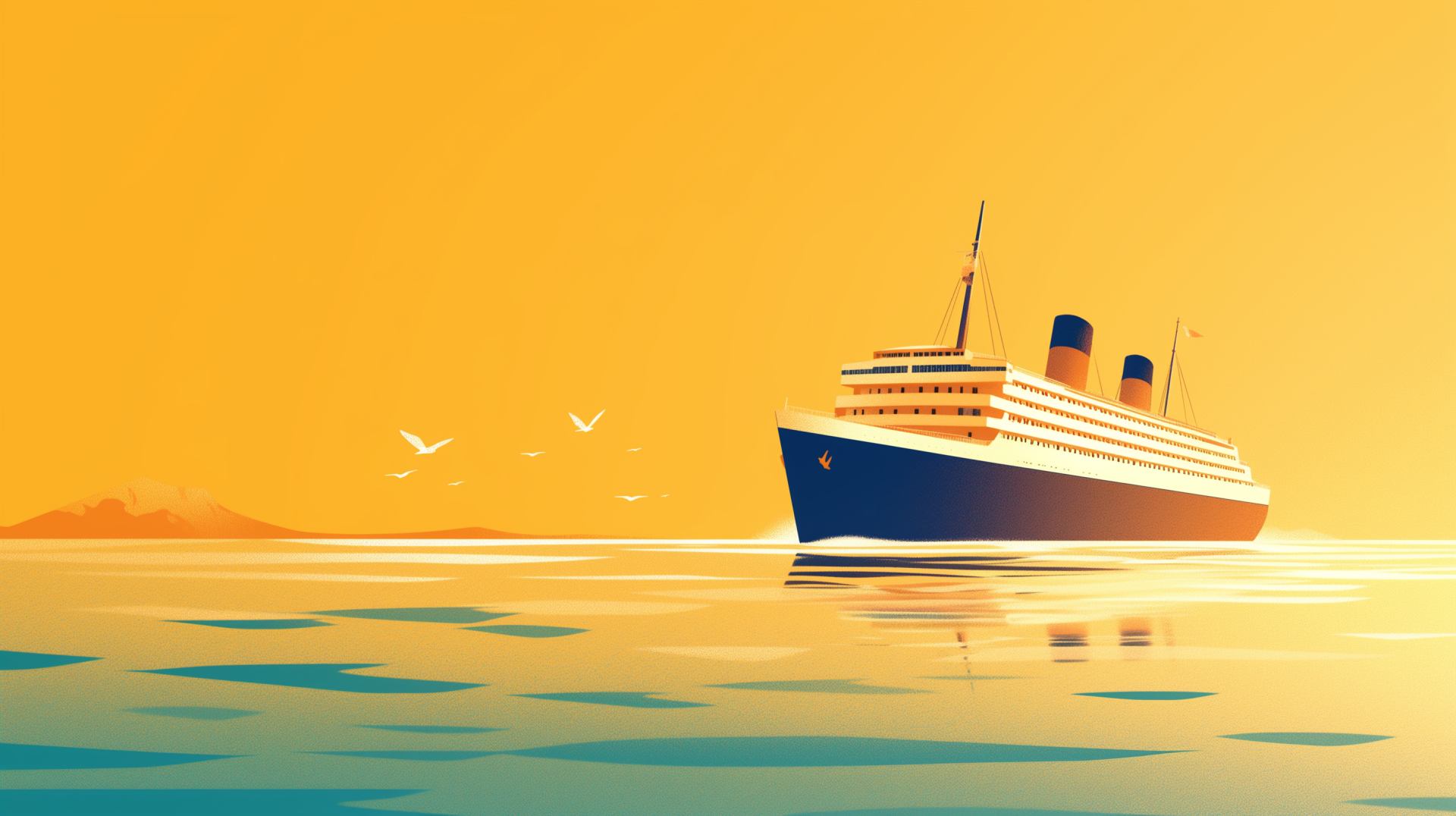 A vibrant HD wallpaper featuring a cruise ship sailing across calm waters, set against a stunning orange sunset, evoking a sense of adventure and tranquility.