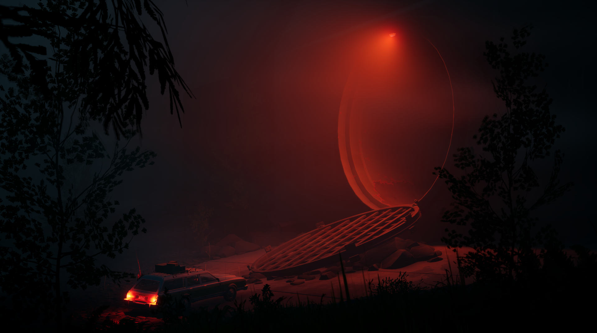 HD wallpaper featuring eerie Pacific Drive game scene with a car under a mysterious red light at night.