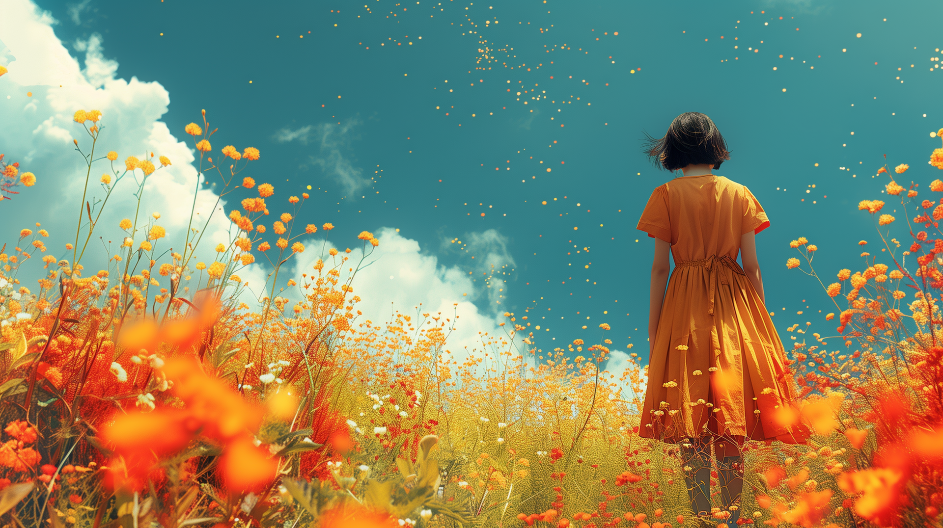 Girl in a sundress standing in a field of flowers with a blue sky - HD desktop wallpaper and background.