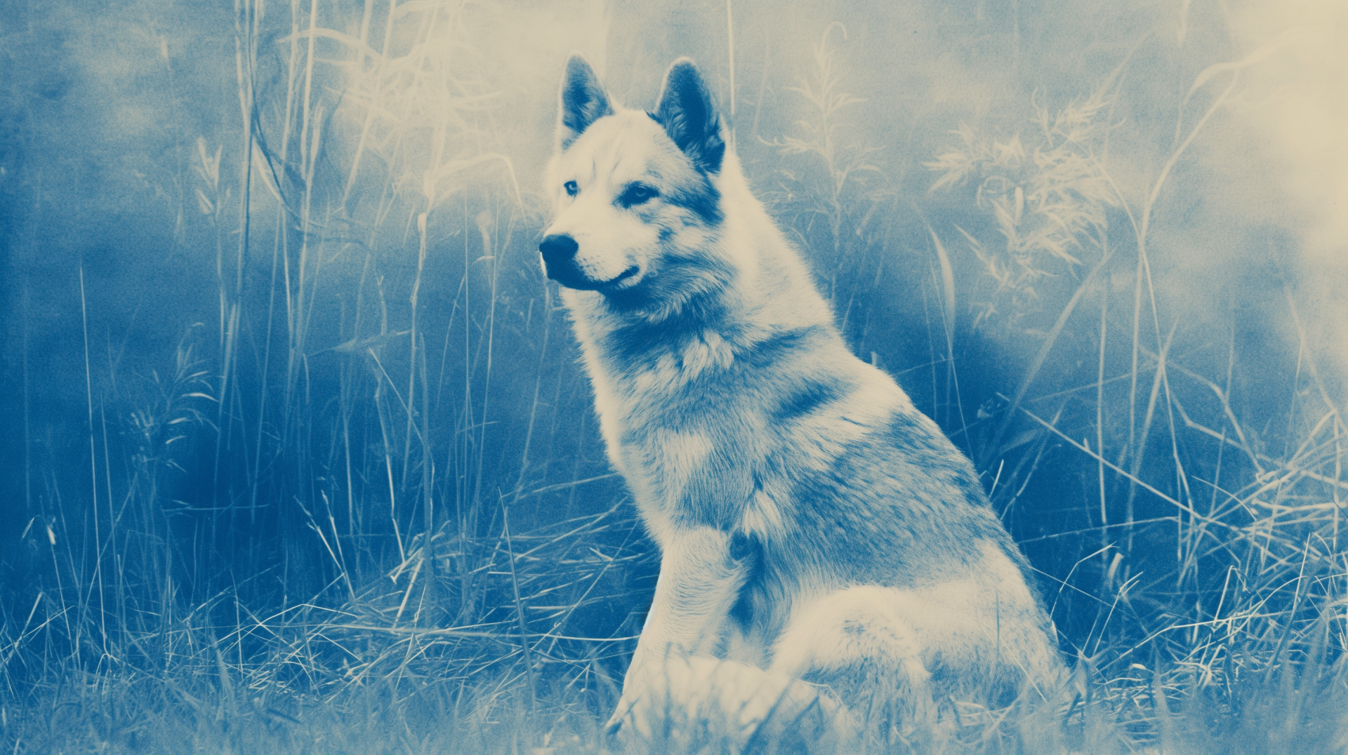 A serene husky sitting amidst tall grass, captured in a cool blue hue, creating a calming HD desktop wallpaper and background.