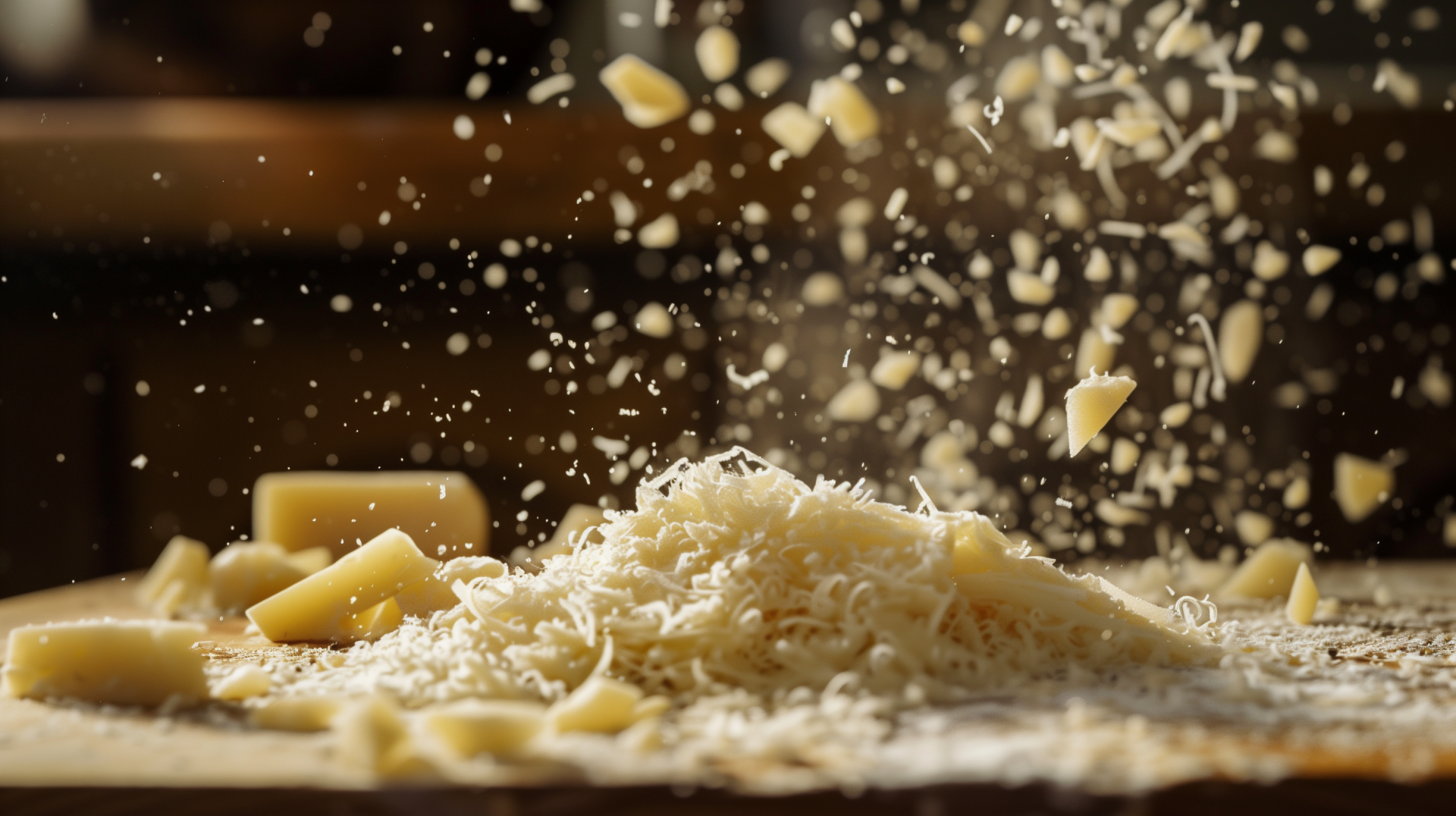 HD wallpaper of freshly grated Parmesan cheese sprinkled across a wooden surface with cheese flakes in mid-air, creating a dynamic and delicious looking background.