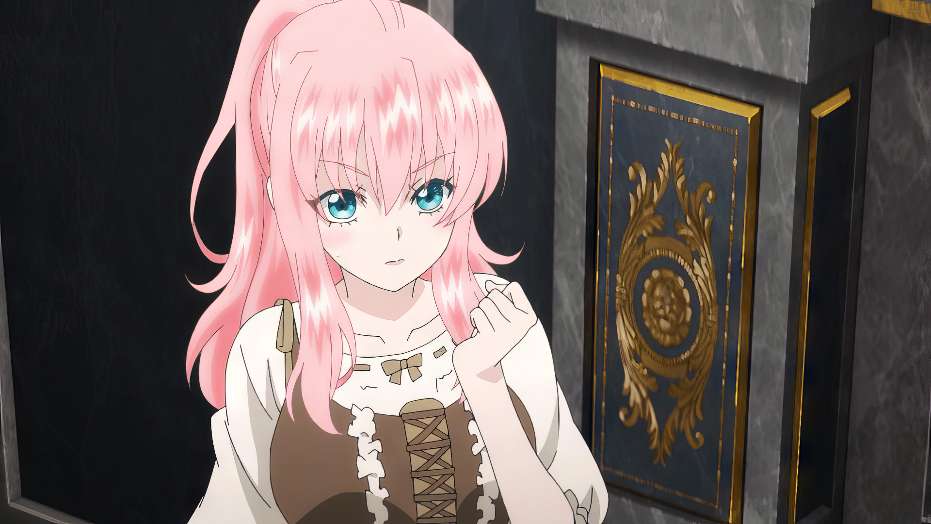 HD Wallpaper of Rishe Irmgard Weitzner from Anime '7th Time Loop: The Villainess Enjoys a Carefree Life Married to Her Worst Enemy!' with a luxurious embossed door in the background.