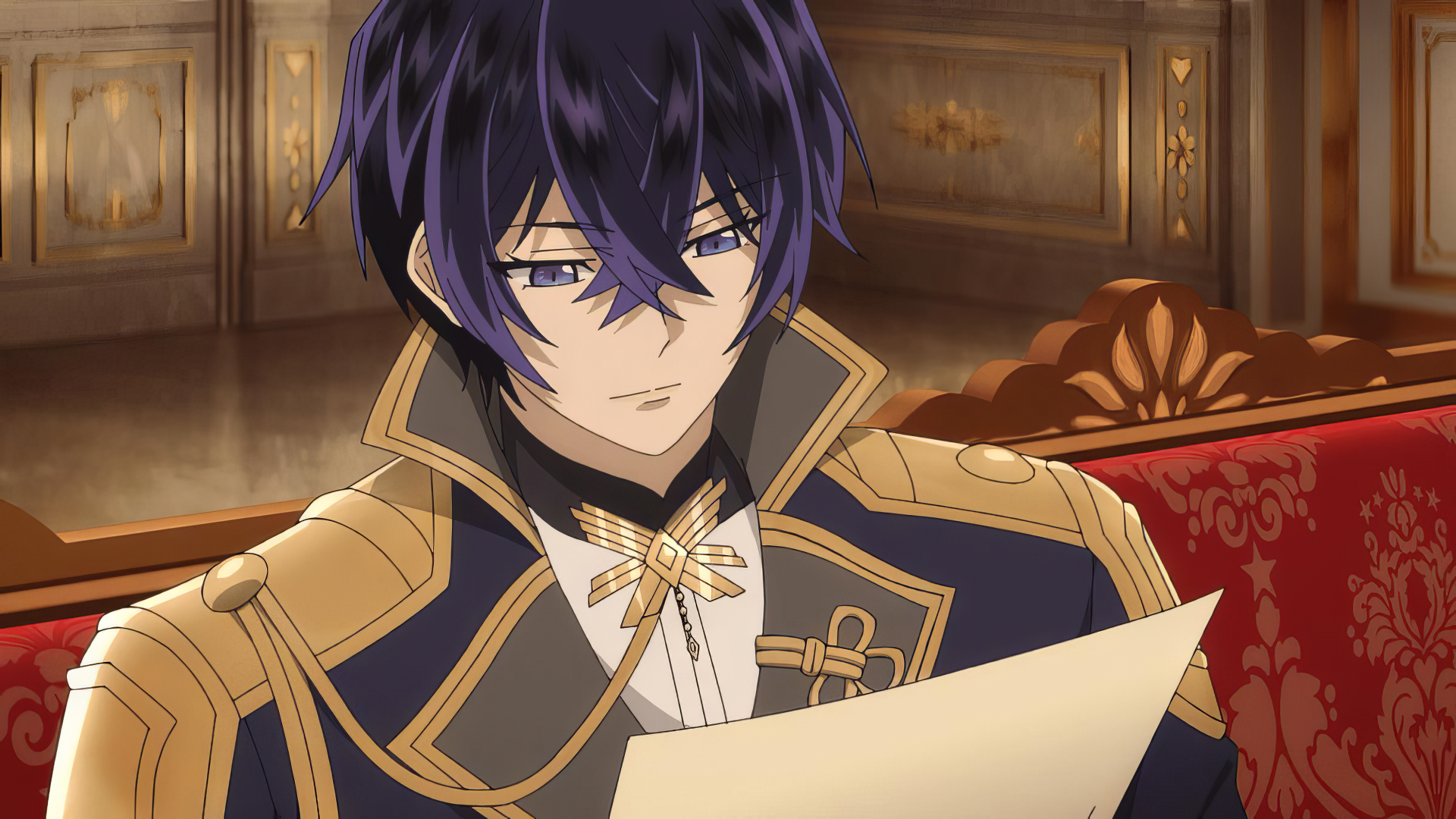 Anime character Arnold Hein from 7th Time Loop: The Villainess Enjoys a Carefree Life Married to Her Worst Enemy! in HD wallpaper with elegant interior background.