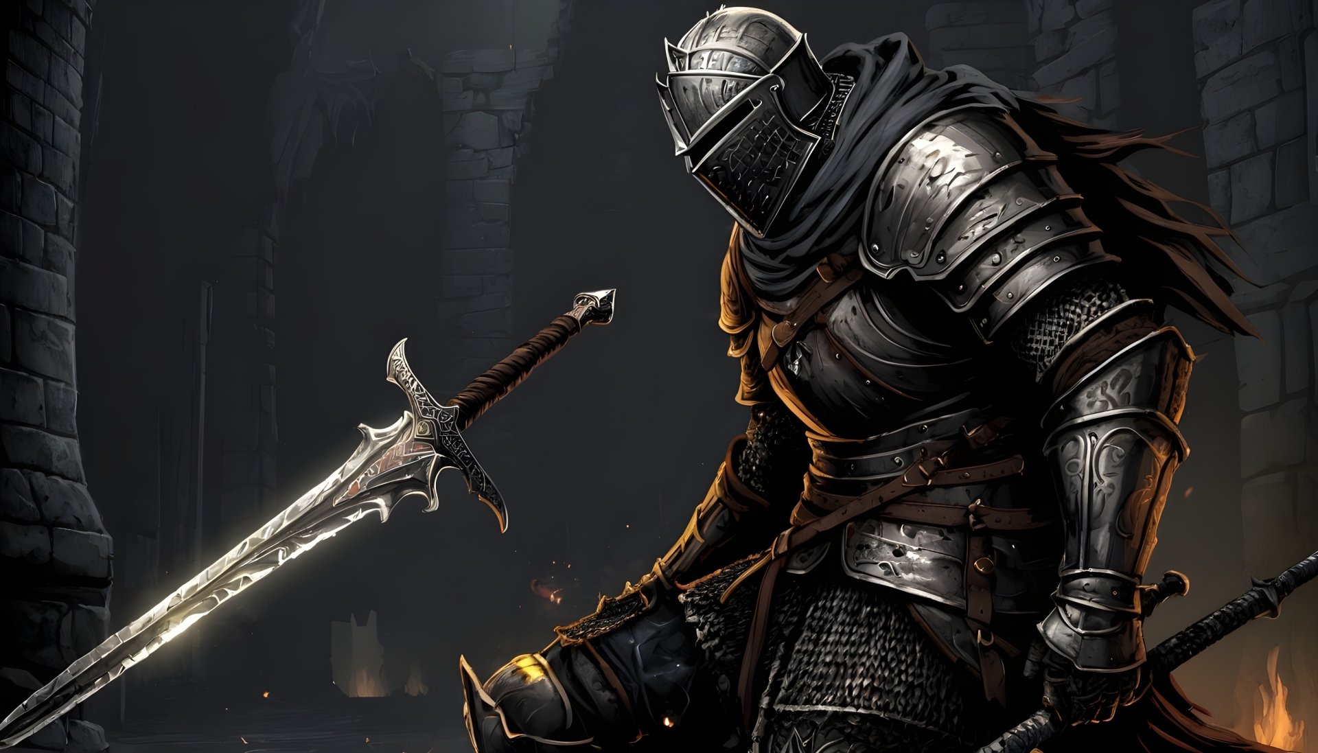 HD PC desktop wallpaper featuring a Dark Souls III knight in detailed armor holding a glowing sword in a dark, medieval setting.